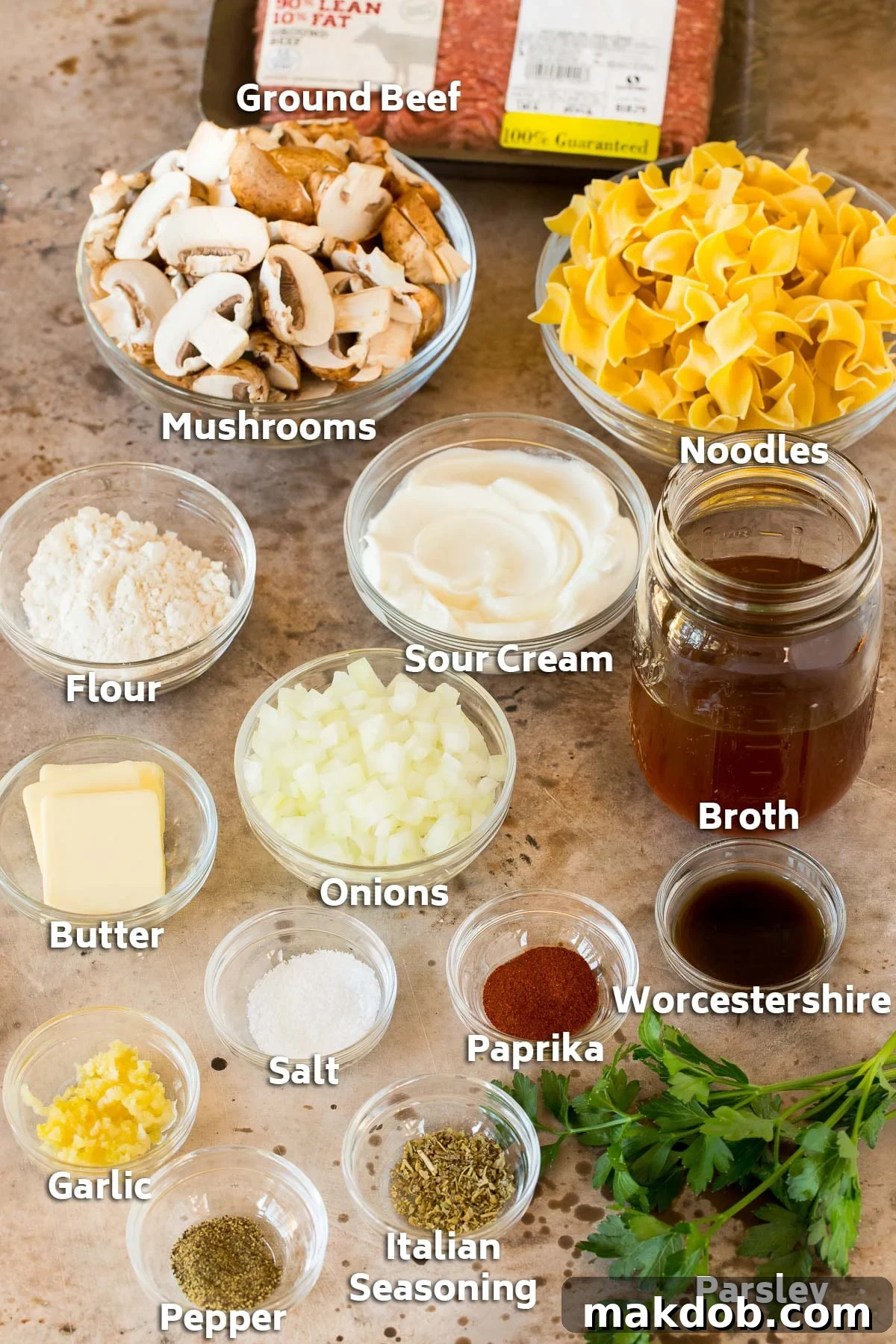 Creamy Ground Beef Stroganoff Comfort 3 Bowls of ingredients including vegetables, broth, herbs and seasonings.
