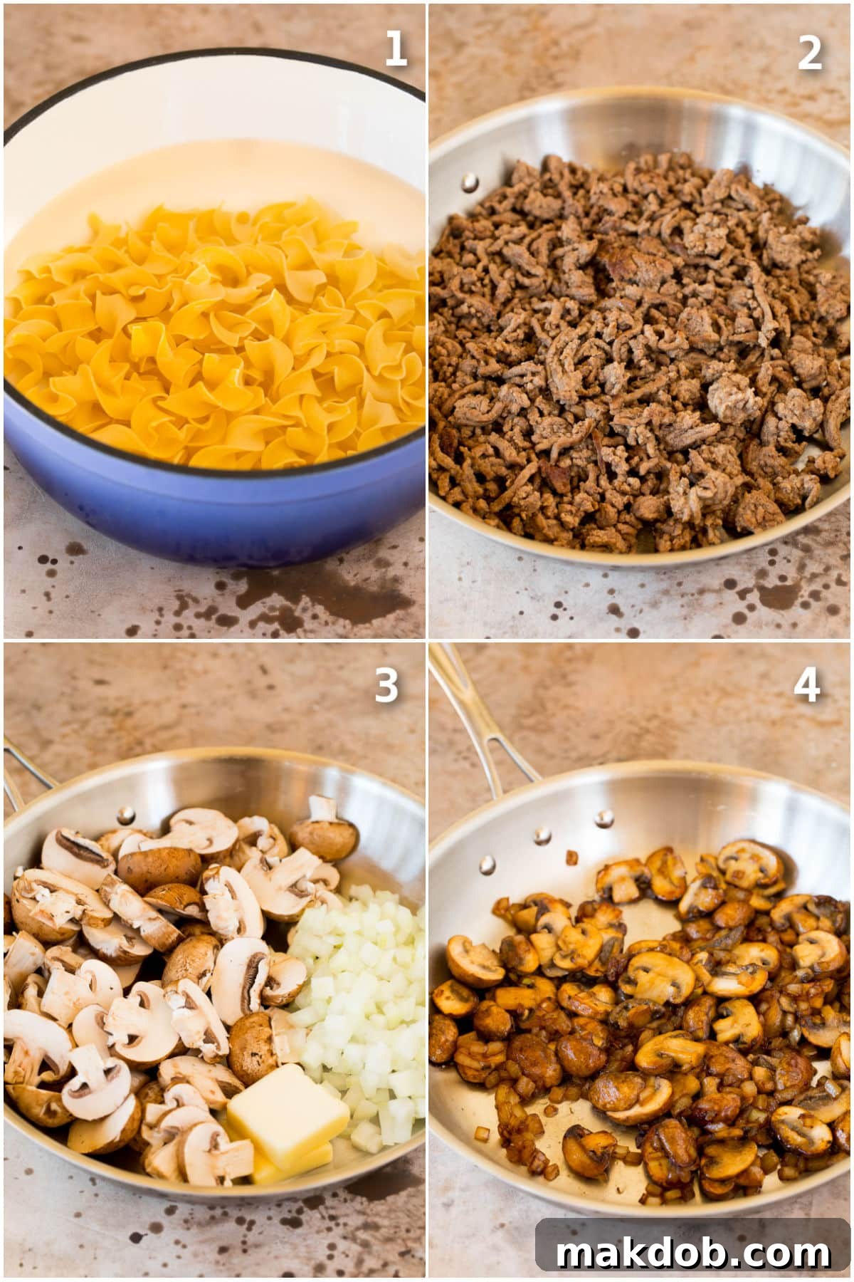 Creamy Ground Beef Stroganoff Comfort 4 Step by step shots showing how to cook noodles and brown beef and mushrooms.
