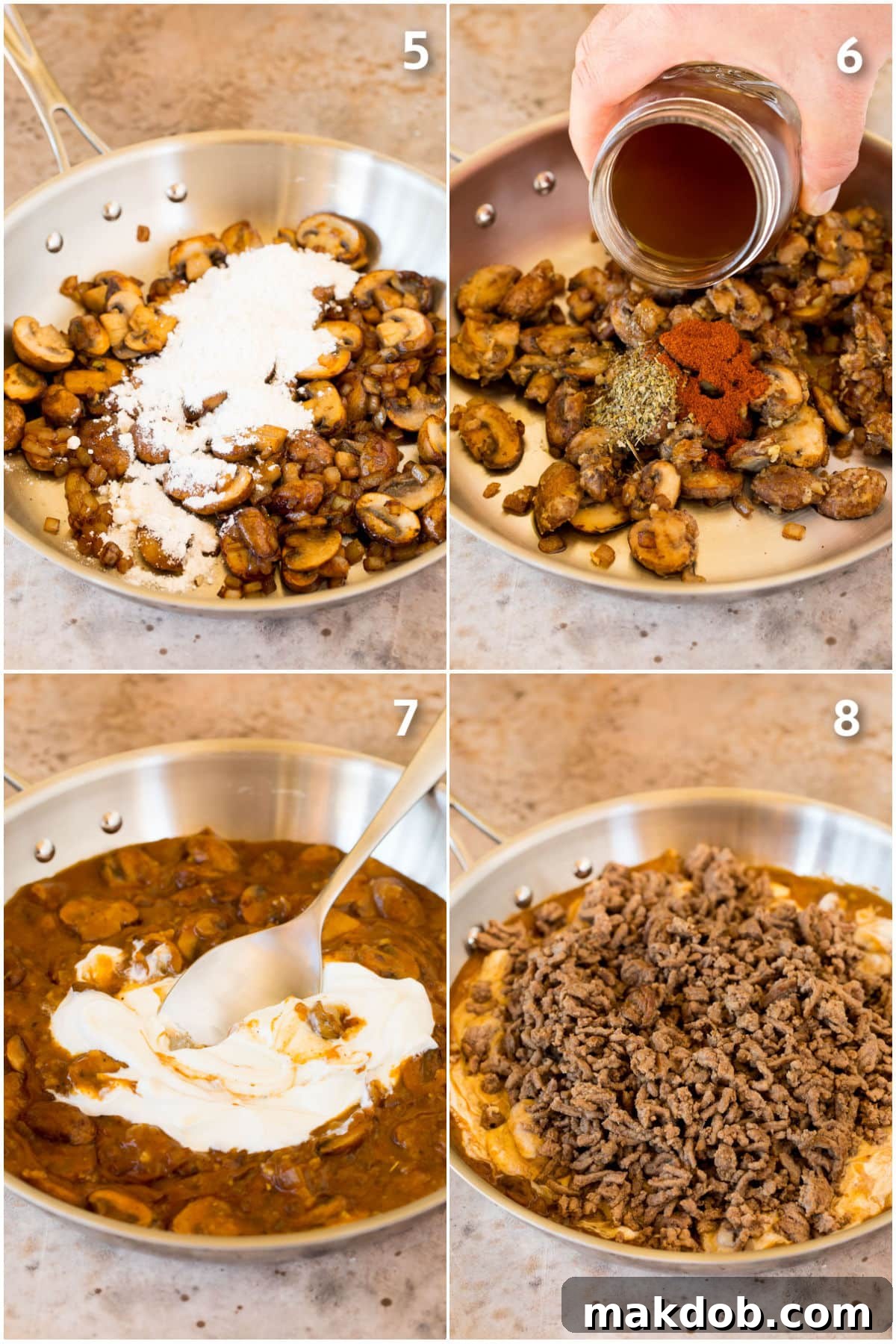 Creamy Ground Beef Stroganoff Comfort 5 Process shots showing how to make ground beef stroganoff.