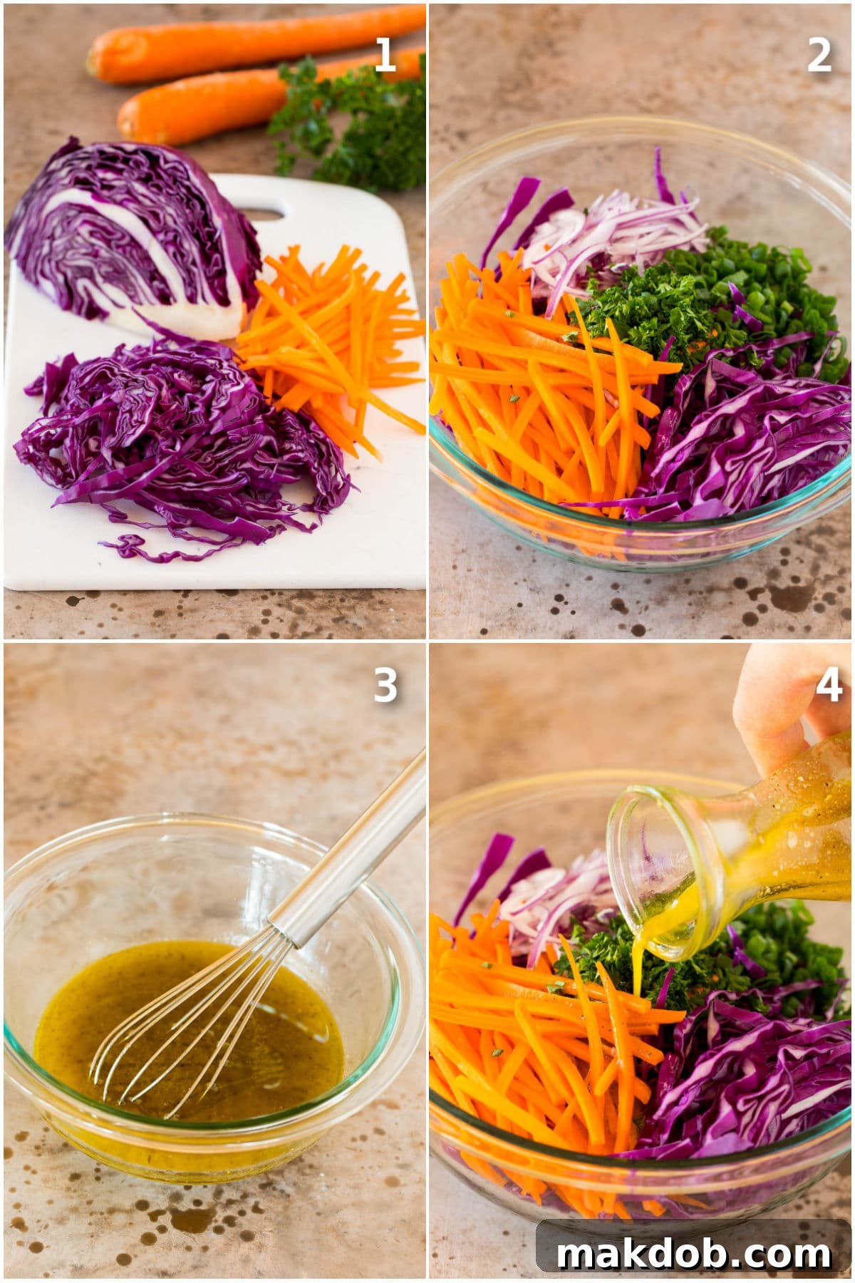 Process shots showing the making of red cabbage slaw: shredded vegetables in a bowl, dressing ingredients being whisked, and dressing poured over vegetables.