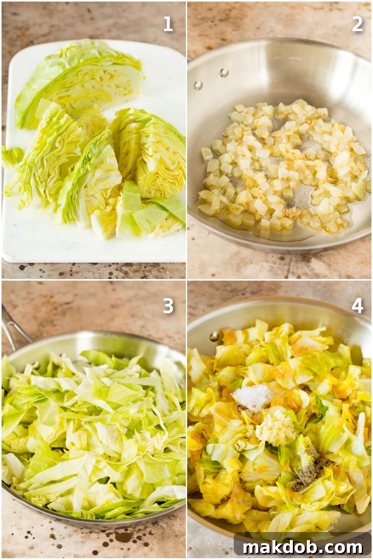 A visual step-by-step collage demonstrating the process of cooking chopped cabbage with onions, garlic, and seasoning in a pan.