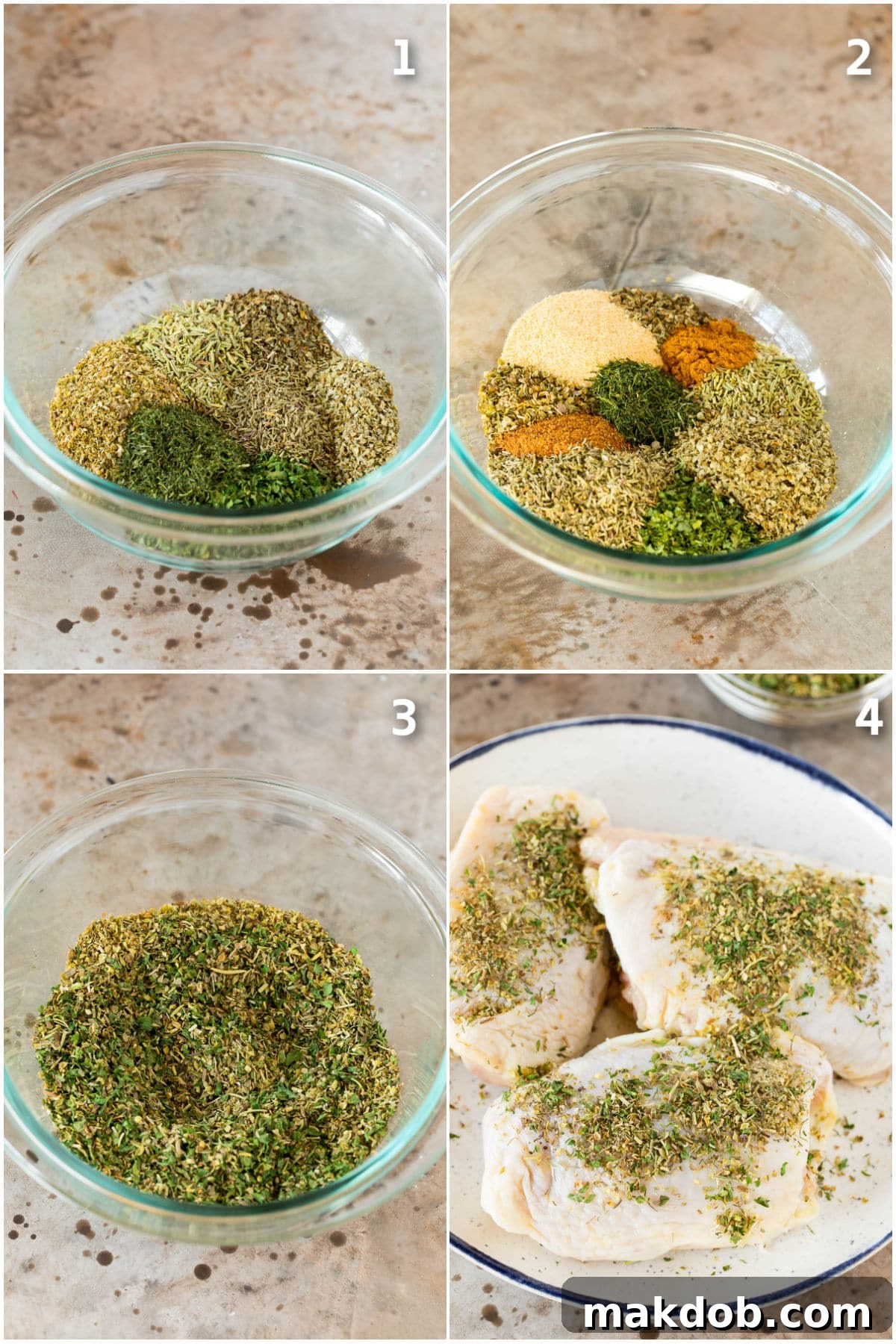 Step by step process shots of how to make Greek seasoning, showing ingredients being mixed.