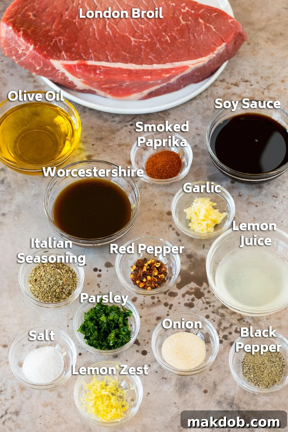 Flawless London Broil Secrets 3 Ingredients including beef, olive oil, soy sauce, garlic and seasonings.