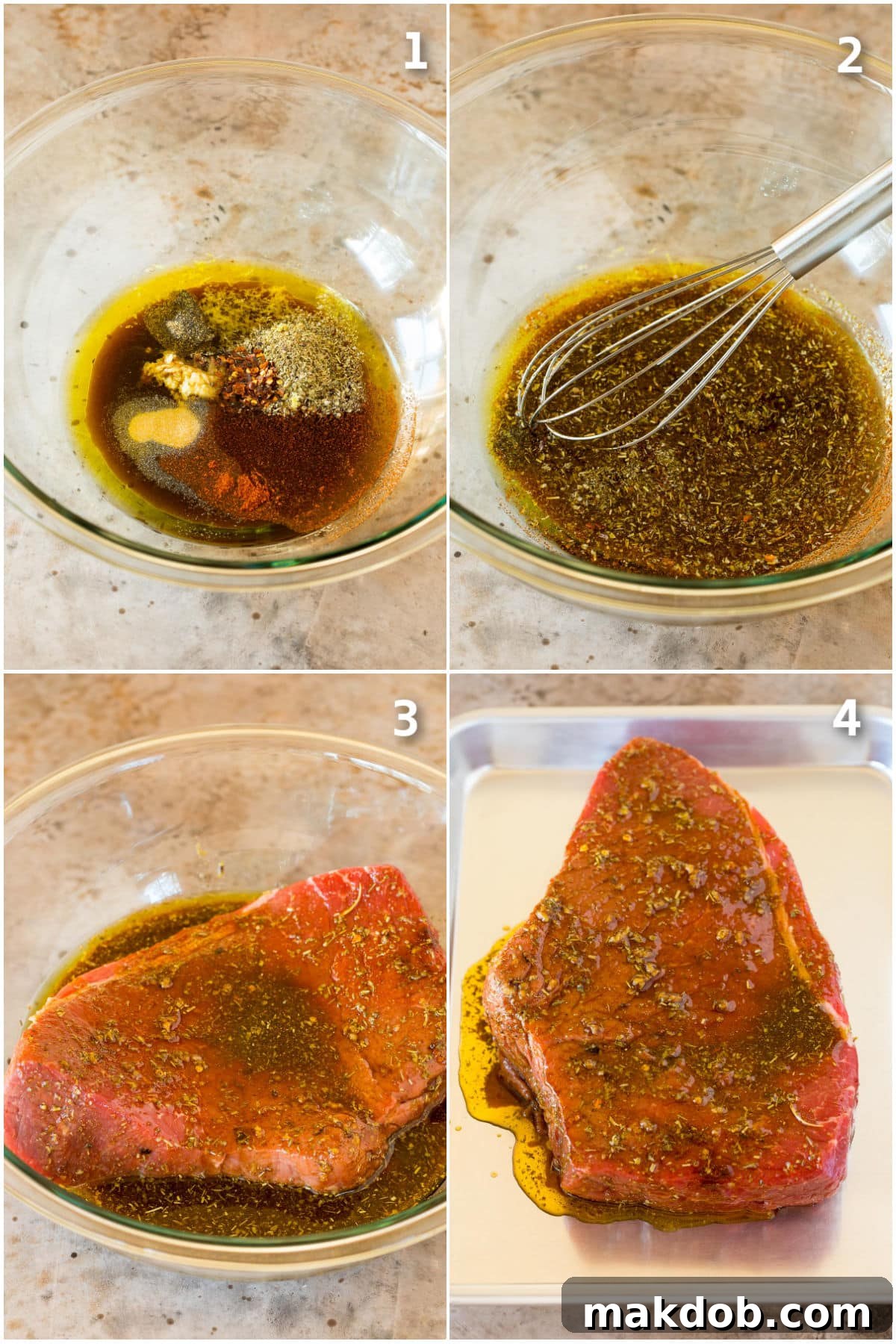 Step-by-step process shots illustrating how to effectively marinate London broil, showing the meat being submerged in the flavorful liquid.