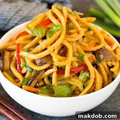 A serving bowl filled with colorful homemade vegetable lo mein, ready to be enjoyed.
