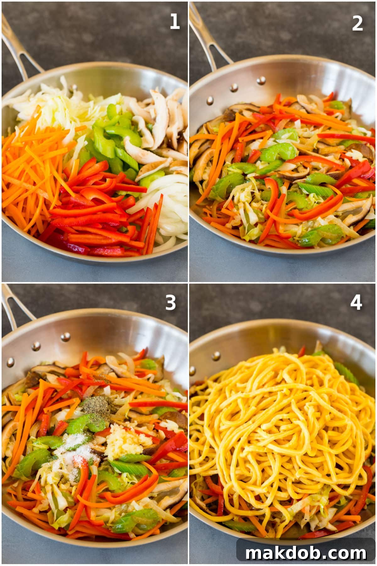 Step by step photos showing how to cook vegetables and noodles for lo mein.