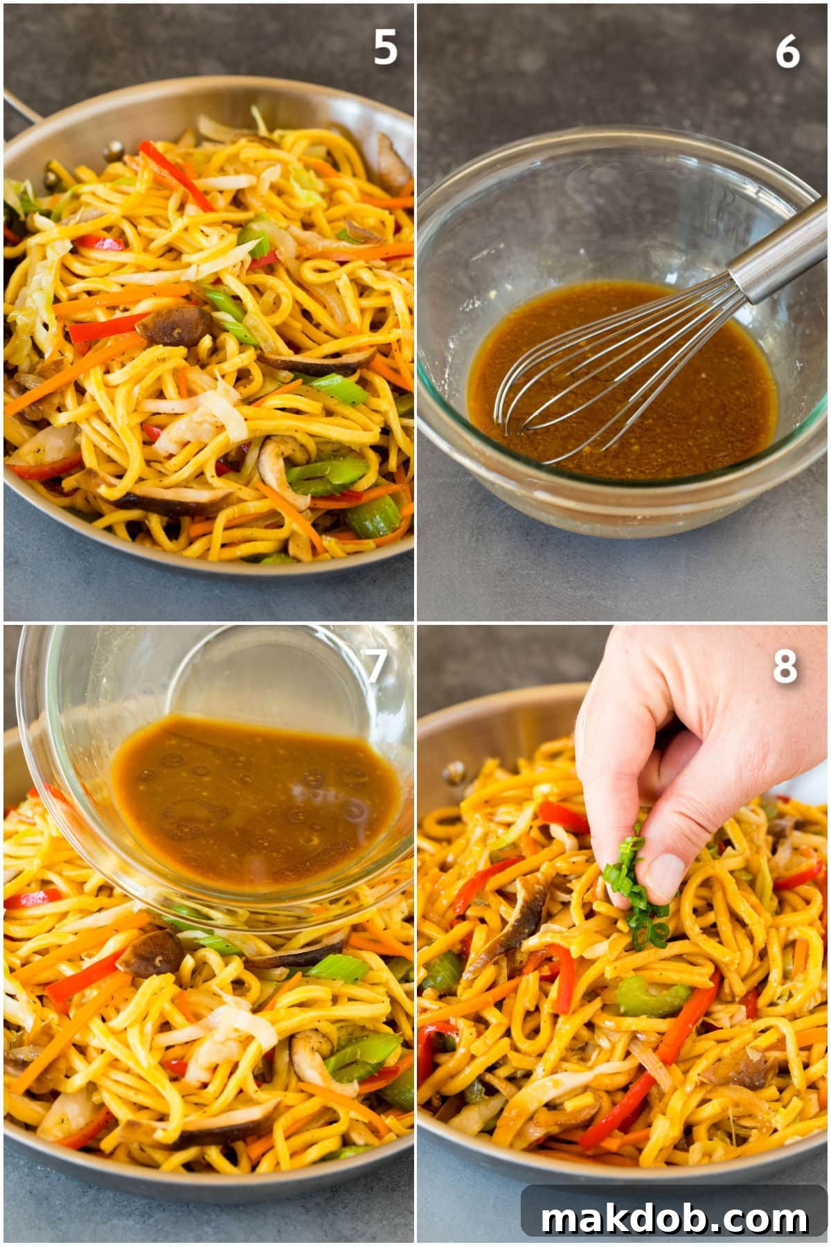 Process shots showing how to make veggie lo mein, from cooking to serving.