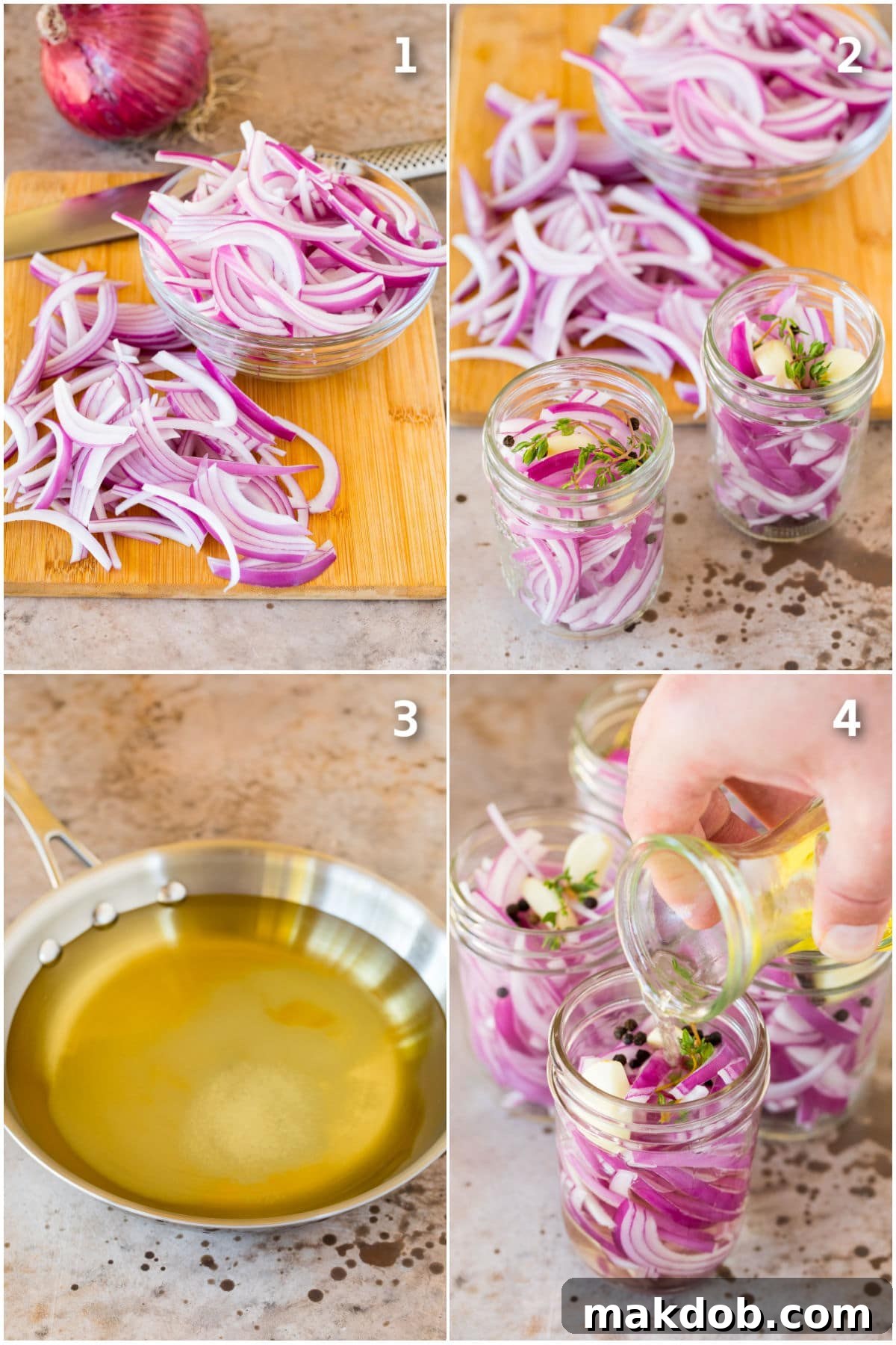 Ruby Red Pickled Onions 4 Step by step process shots showing how to pickle red onions.