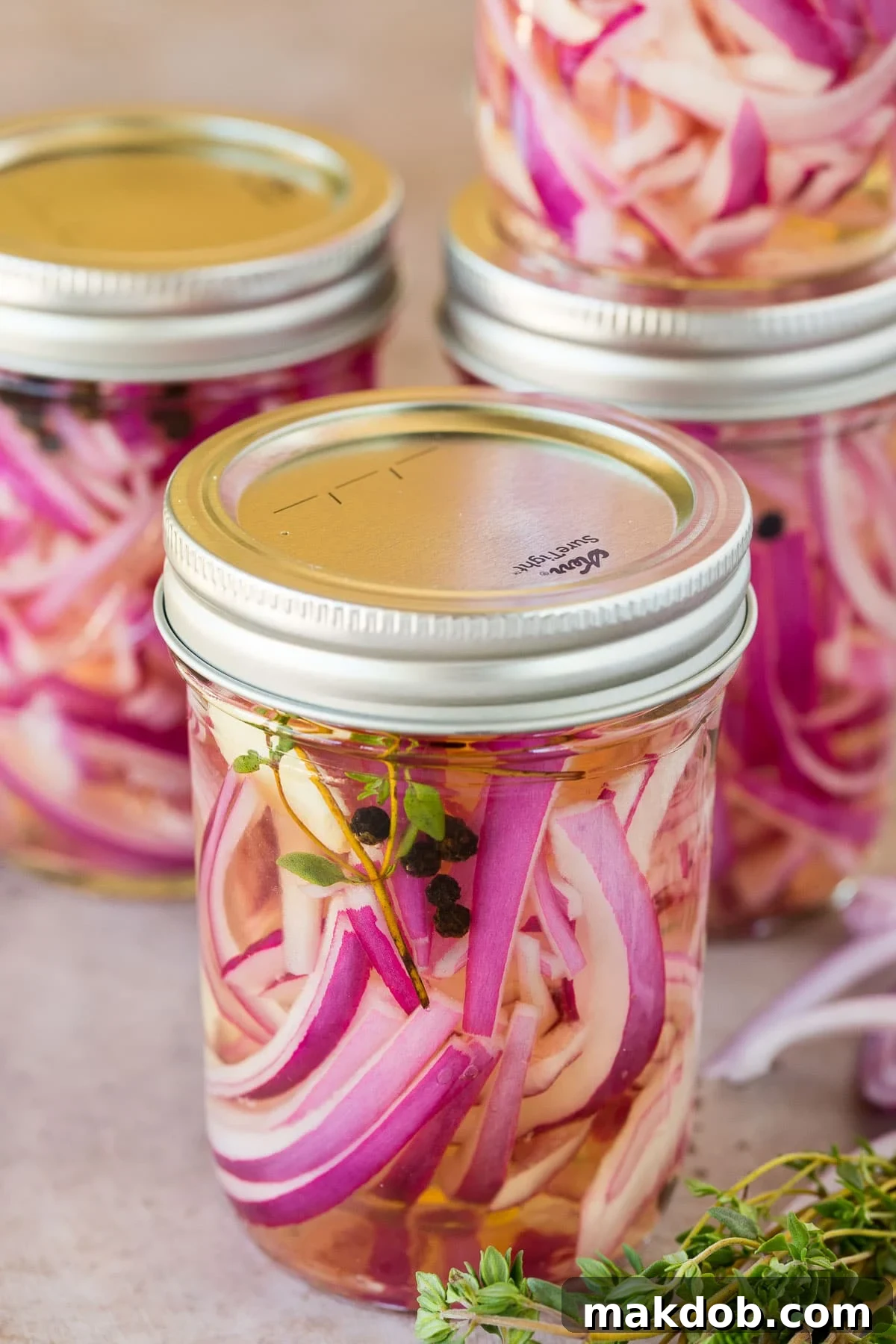 Ruby Red Pickled Onions 5 Red onions in a jar of vinegar solution.