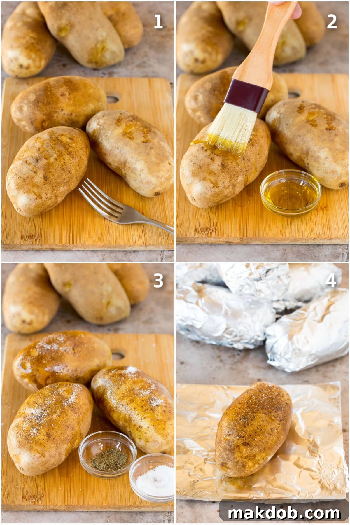 Photos showing how to prepare baked potatoes to go in a slow cooker.