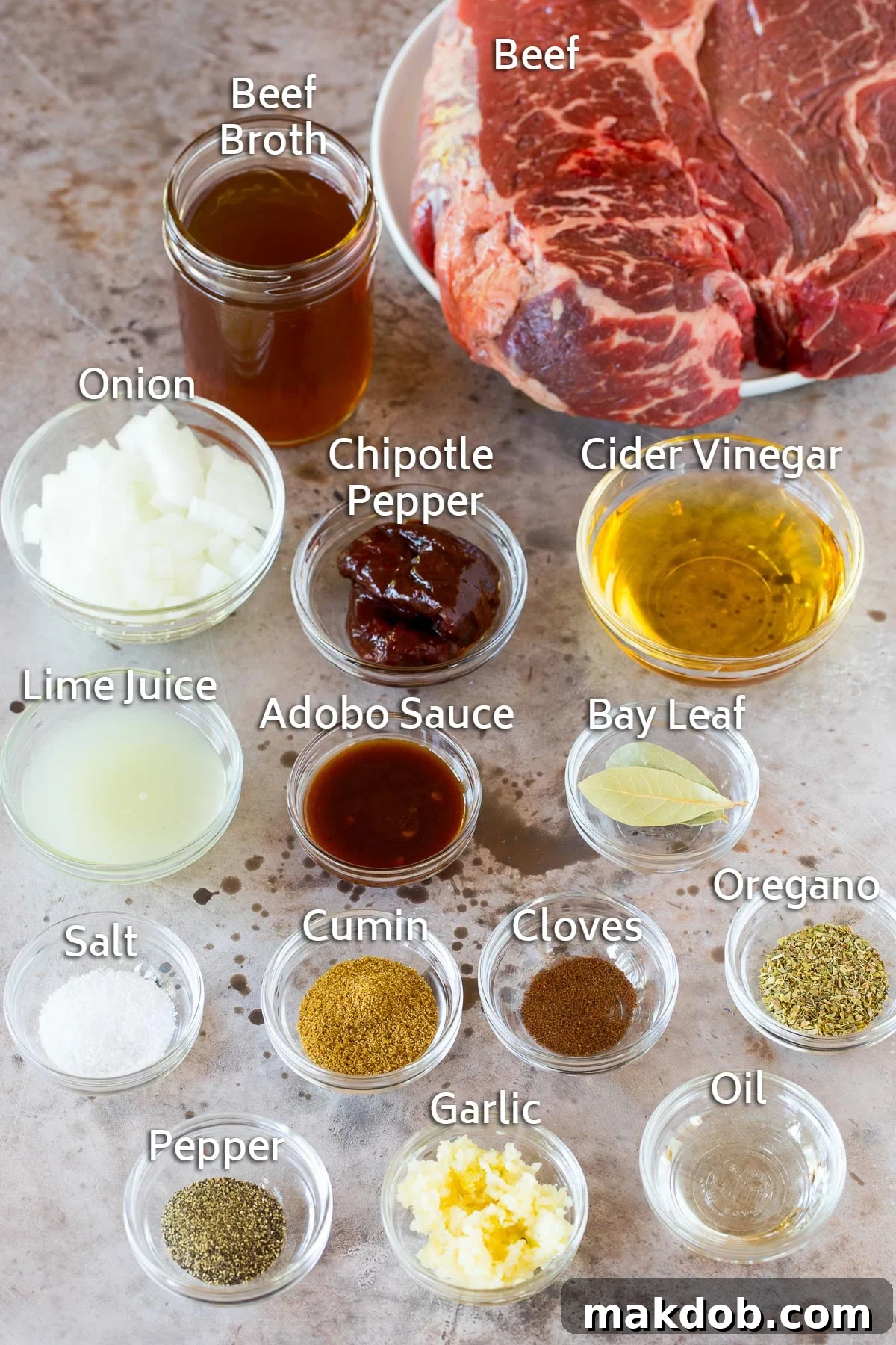 Bowls of different spices and seasonings, and a beef roast.