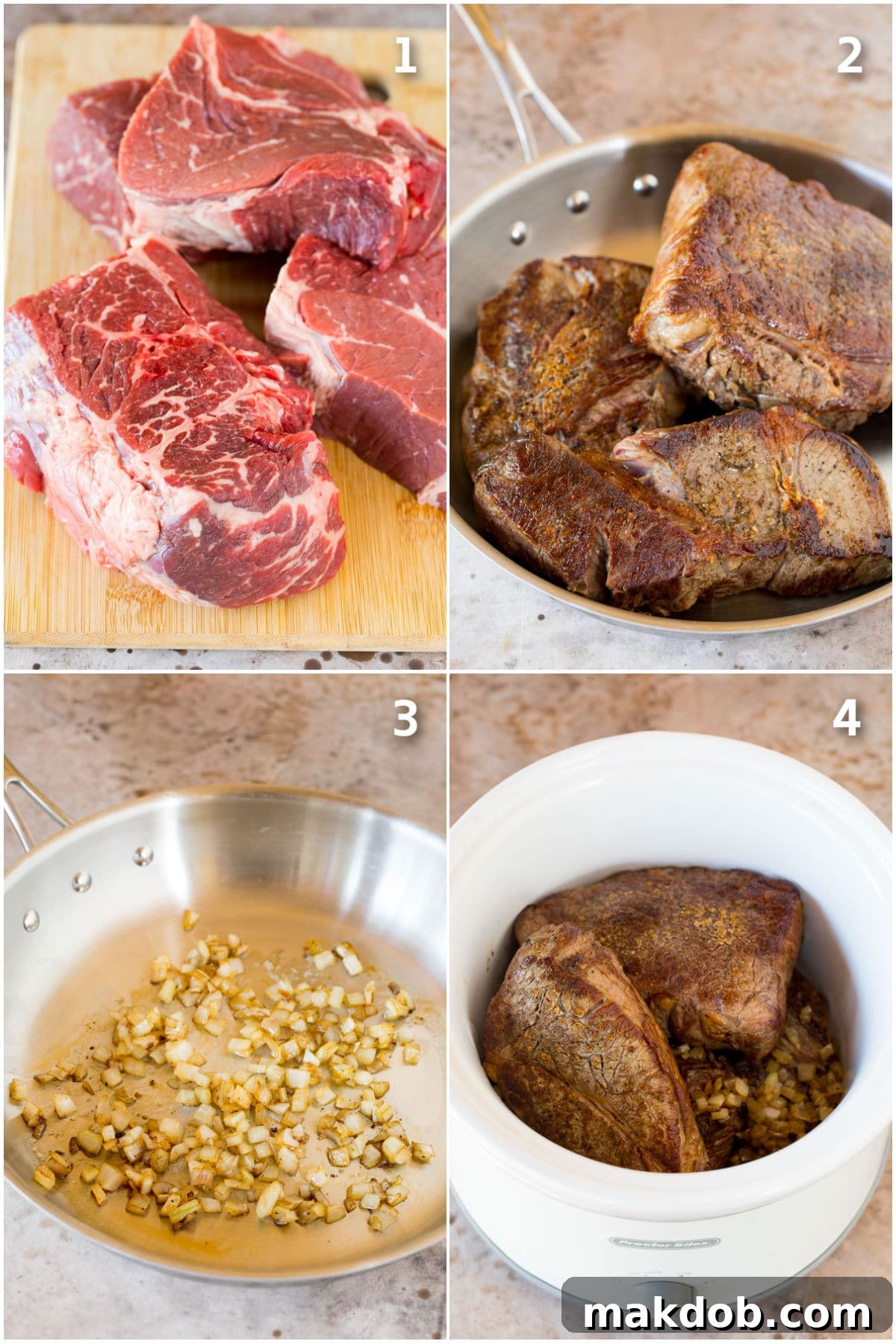 Process shots showing how to cut and sear beef and onions.