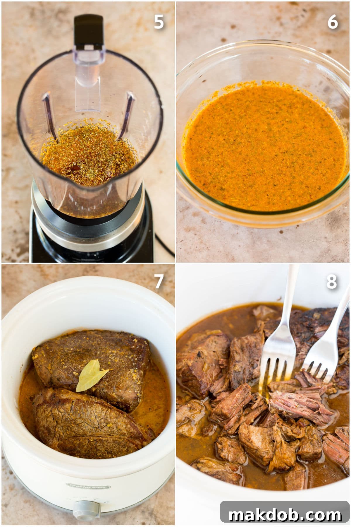 Process shots showing how to make barbacoa sauce and cook meat in a slow cooker.