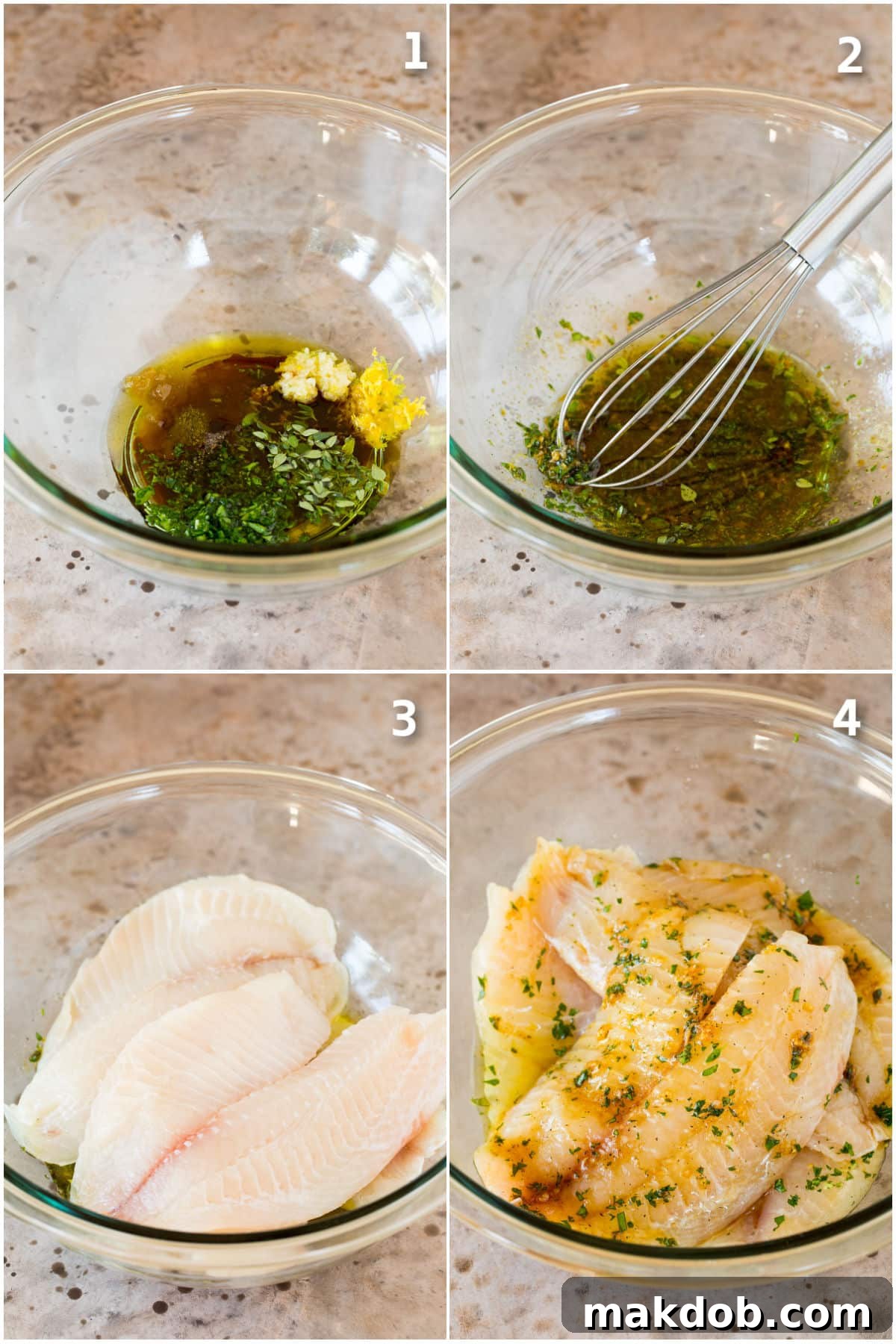 A step-by-step visual guide demonstrating how to prepare and marinate tilapia fillets for grilling.