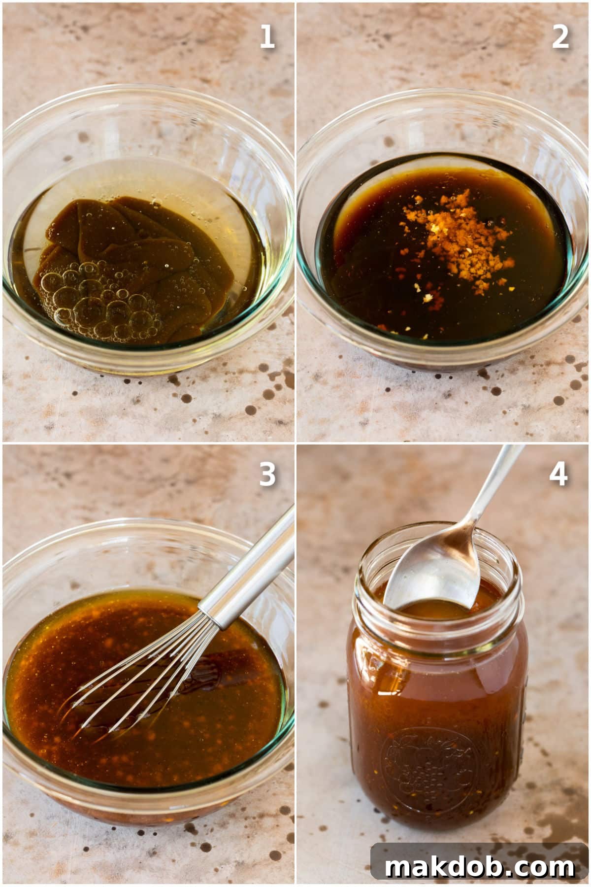 A four-panel collage showing the step-by-step process of making Asian salad dressing: 1) Ingredients in a bowl, 2) Whisking the ingredients, 3) The finished dressing in a jar, 4) Dressing poured into a serving bowl.