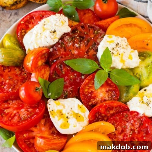 A serving plate of burrata salad with heirloom tomatoes, basil and lemon dressing.