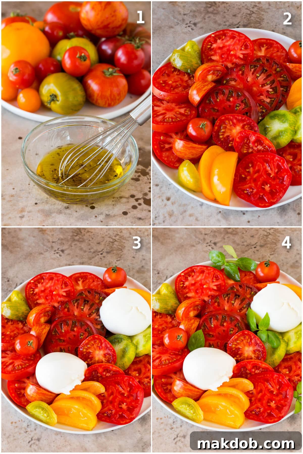 Step-by-step process shots showing how to prepare burrata salad, from whisking the dressing to arranging the ingredients on a platter.