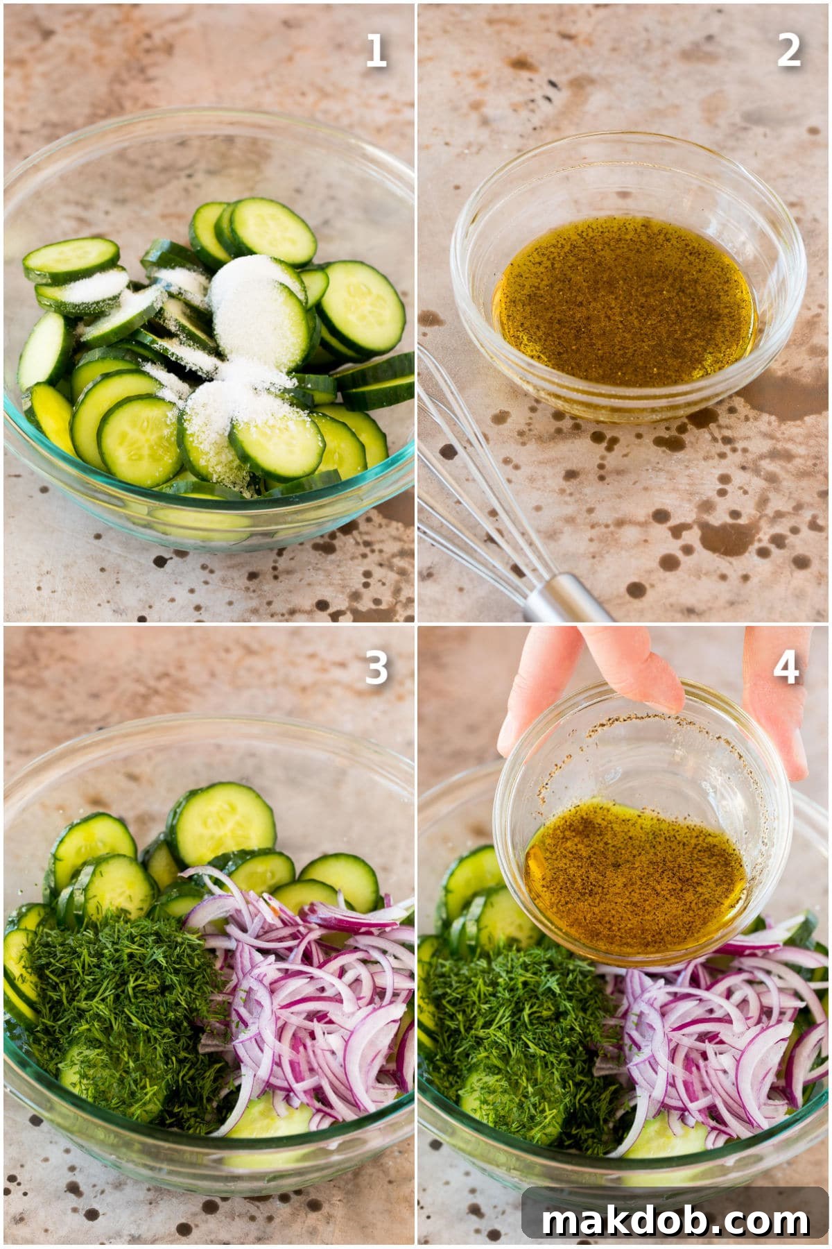 Process shots of cucumber salad and dressing being made.