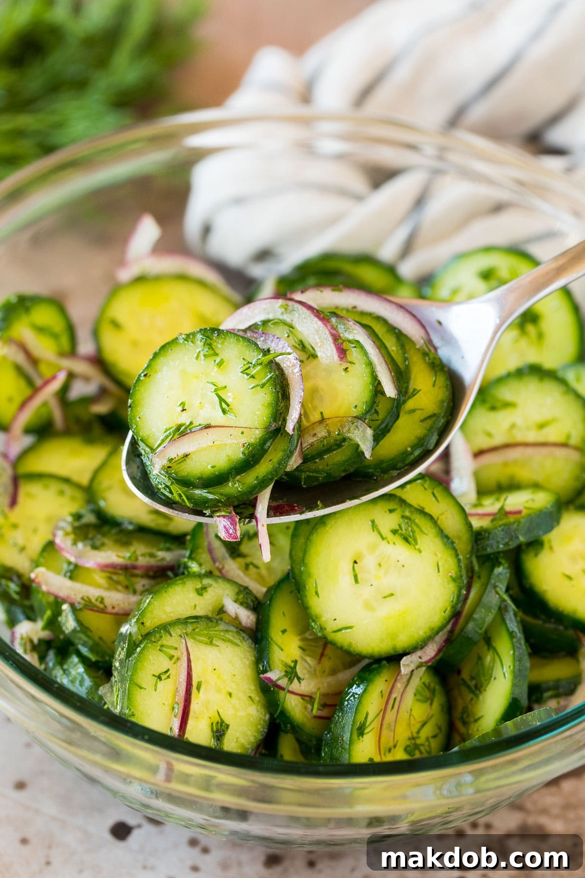 A spoon serving up a portion of cucumber dill salad.