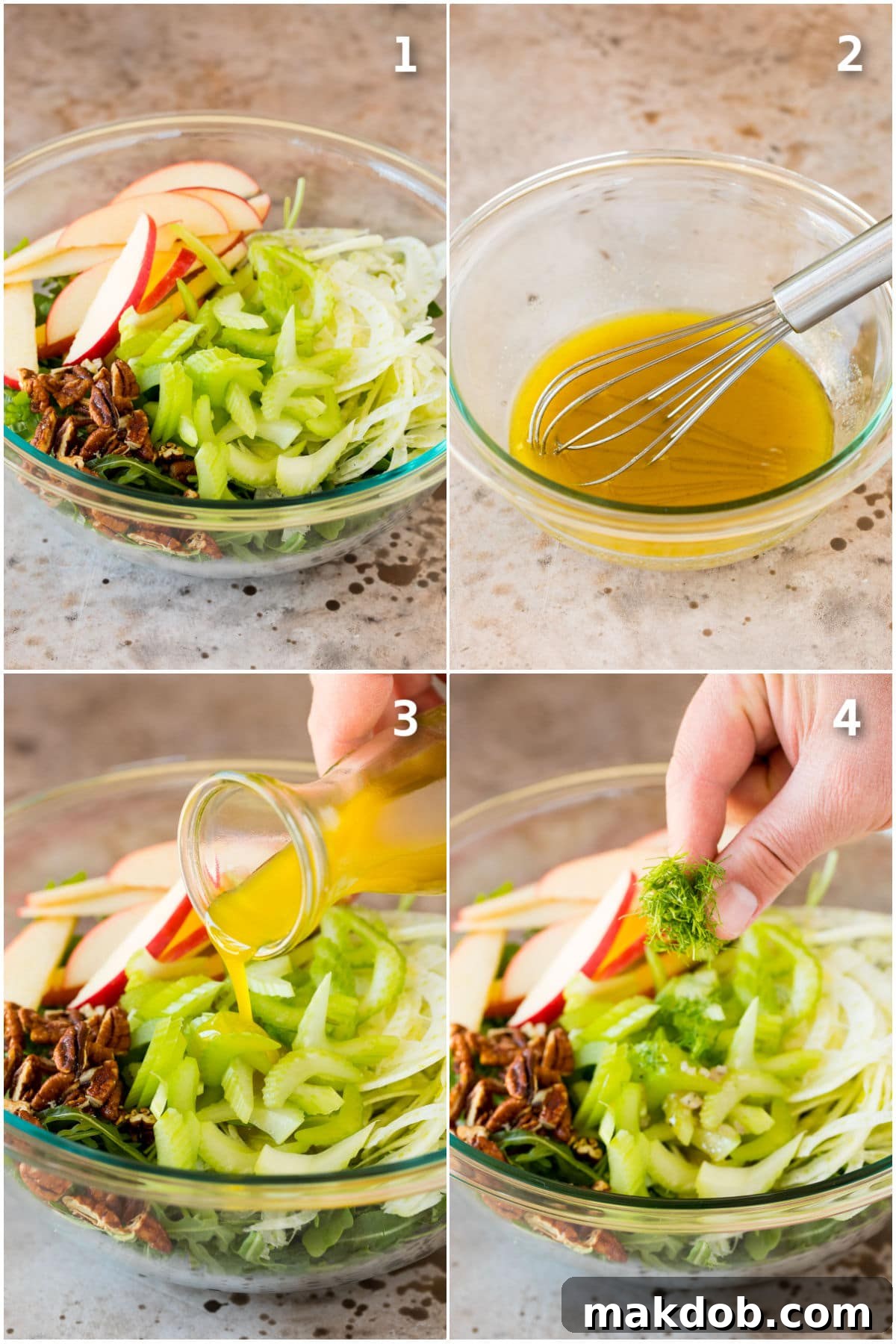 A collage of process shots demonstrating how to prepare fennel salad, from slicing the bulb and apples thinly, to whisking the dressing ingredients, and finally tossing the salad to combine.