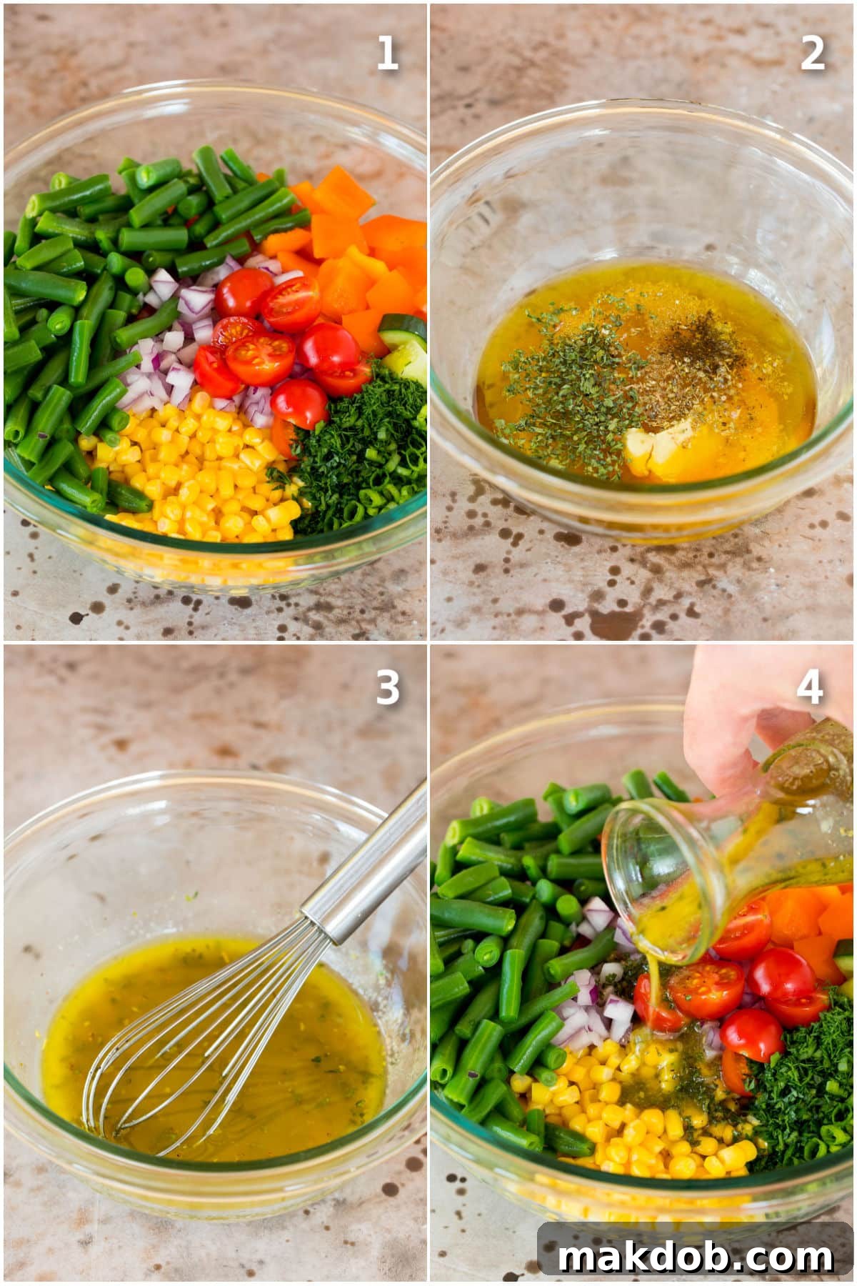 A step-by-step collage showing the process of whisking salad dressing and then tossing it with a large bowl of chopped vegetables.