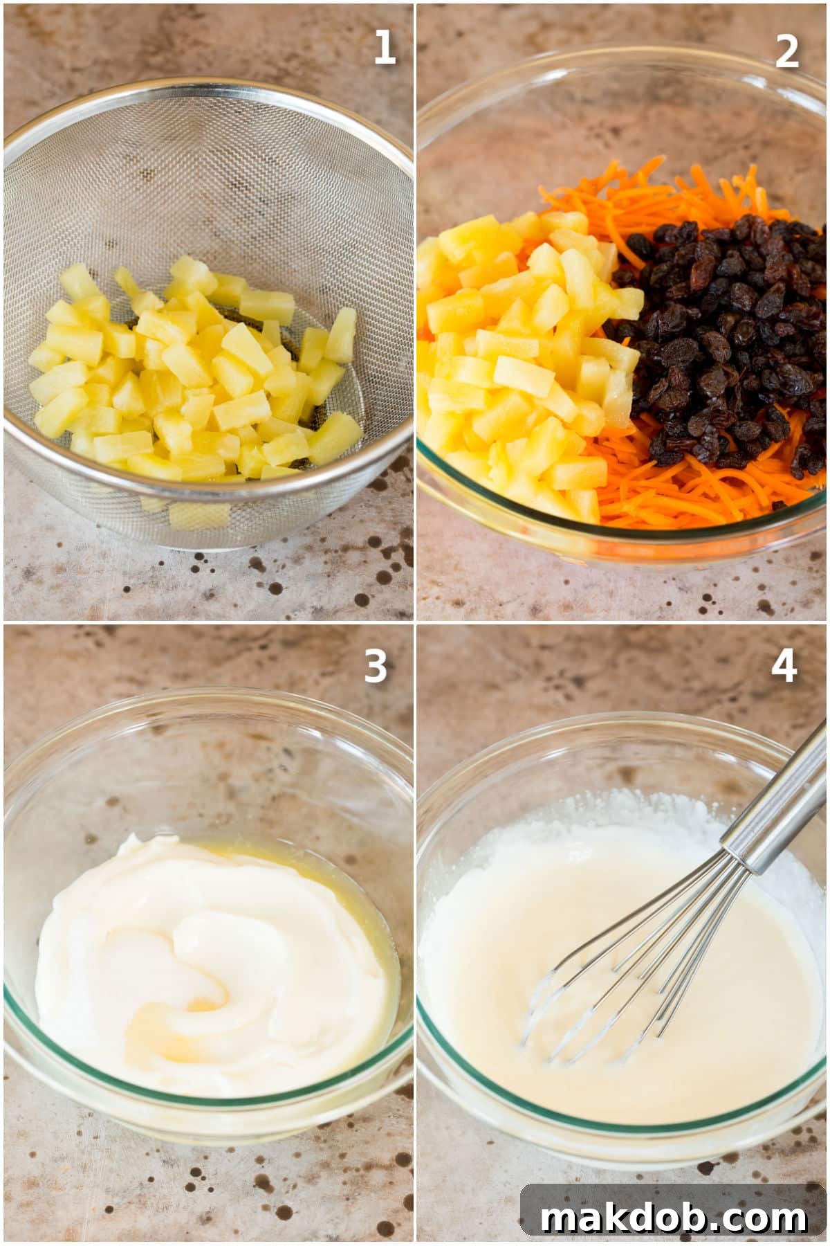A step-by-step visual guide showing the process of making carrot raisin salad, from combining ingredients to final dressing.