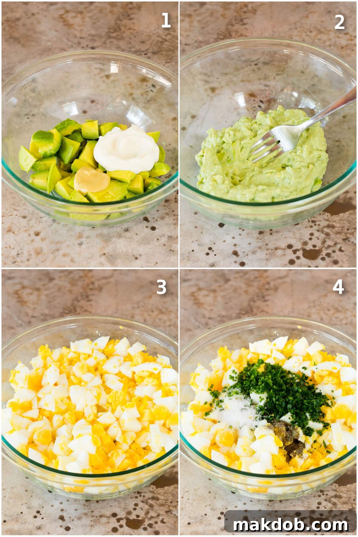 Creamy Avocado Egg Salad 4 A step-by-step visual guide demonstrating the process of making avocado egg salad, from mashing ingredients to final combination.