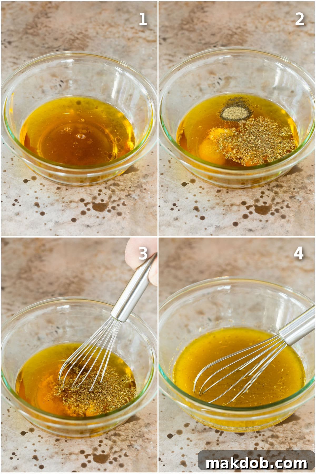 A step-by-step collage showing the process of making Greek salad dressing: ingredients laid out, then whisked together in a bowl.