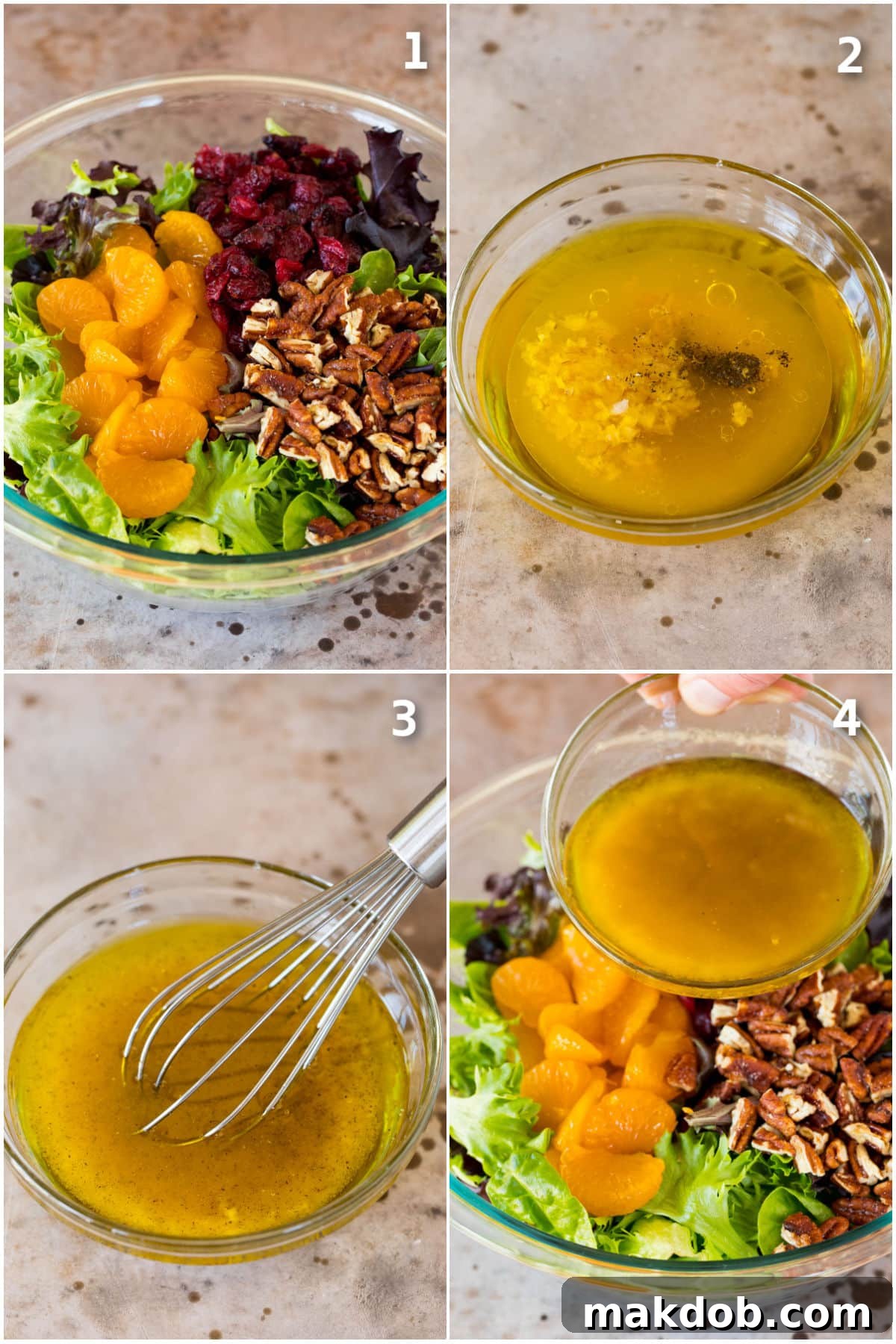 Sunshine Mandarin Salad 4 Step by step process shots showing how to combine ingredients and make a mandarin orange salad.