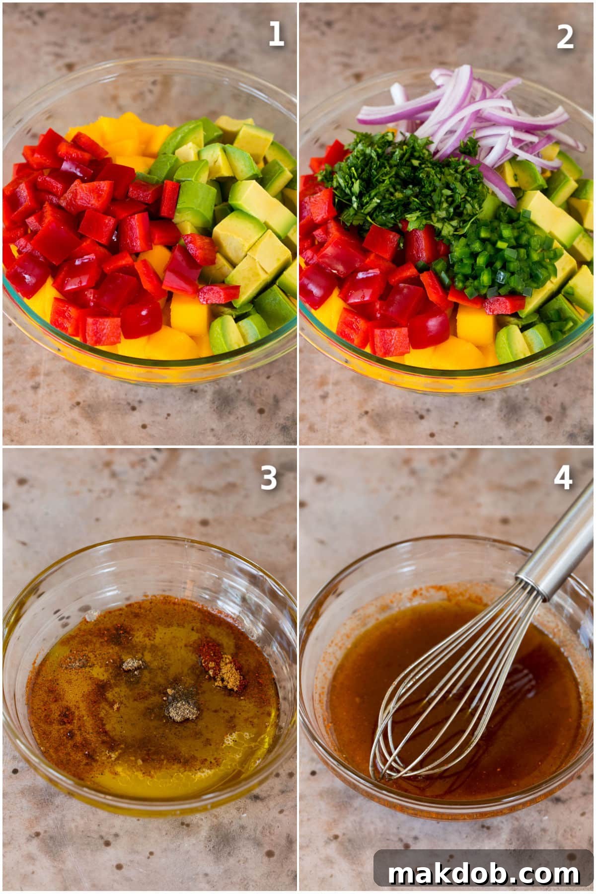 Step-by-step process shots showing how to prepare a vibrant mango salad, from dicing ingredients to mixing.