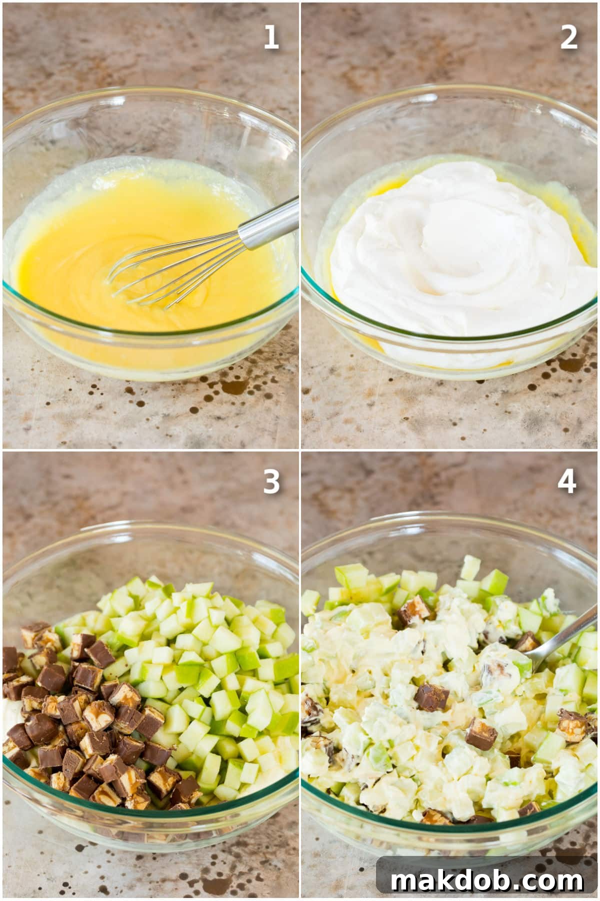 Snickers Apple Delight 4 Step by step shots showing how to make snicker apple salad.
