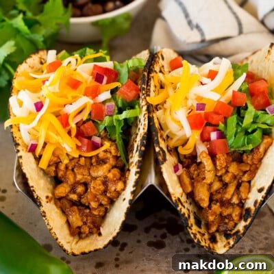 Effortless Turkey Tacos 7 Ground turkey tacos with assorted toppings.