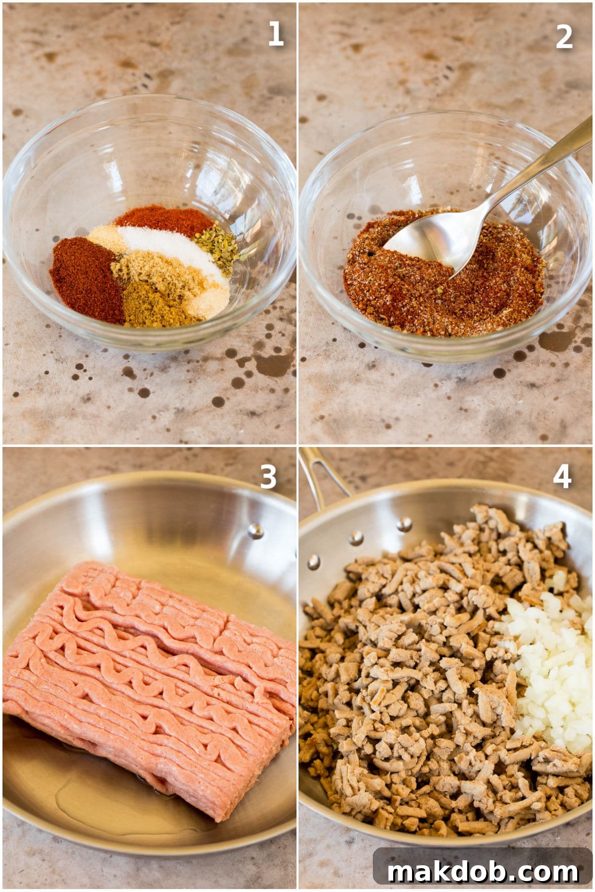 Effortless Turkey Tacos 4 Step by step shots showing how to make spice mix and cook ground turkey.