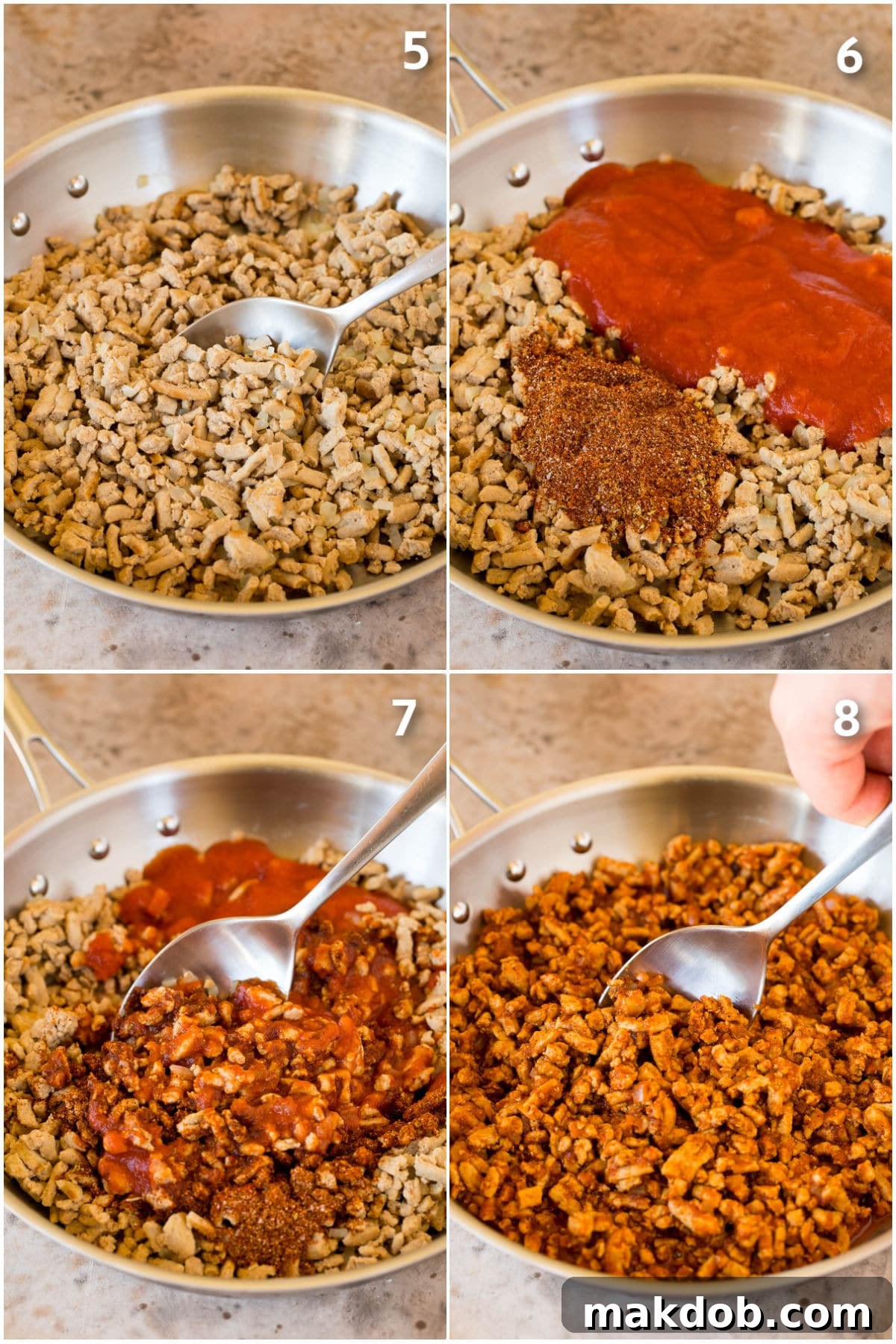 Effortless Turkey Tacos 5 Process photos showing how to season ground turkey with spices and tomato sauce.
