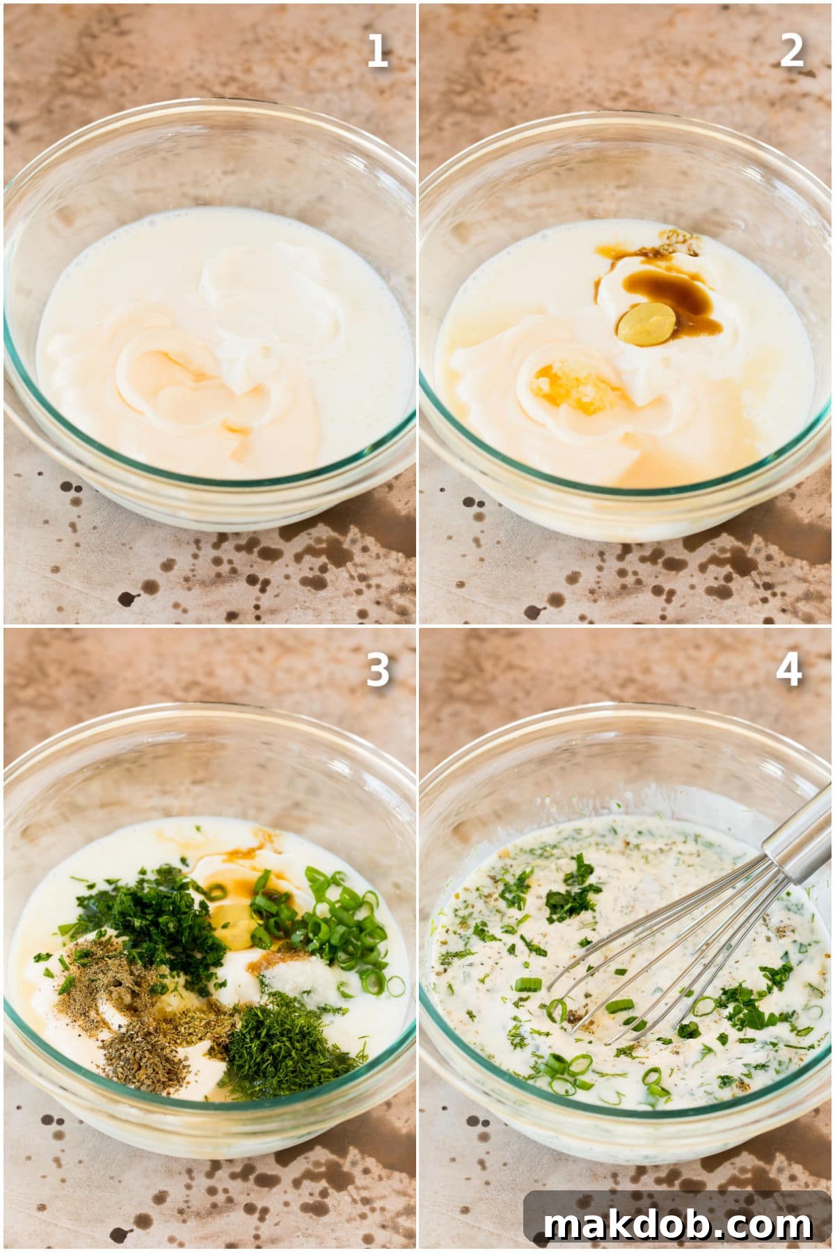 Step by step shots demonstrating the quick and easy process of making homemade ranch dressing, from combining ingredients to whisking.