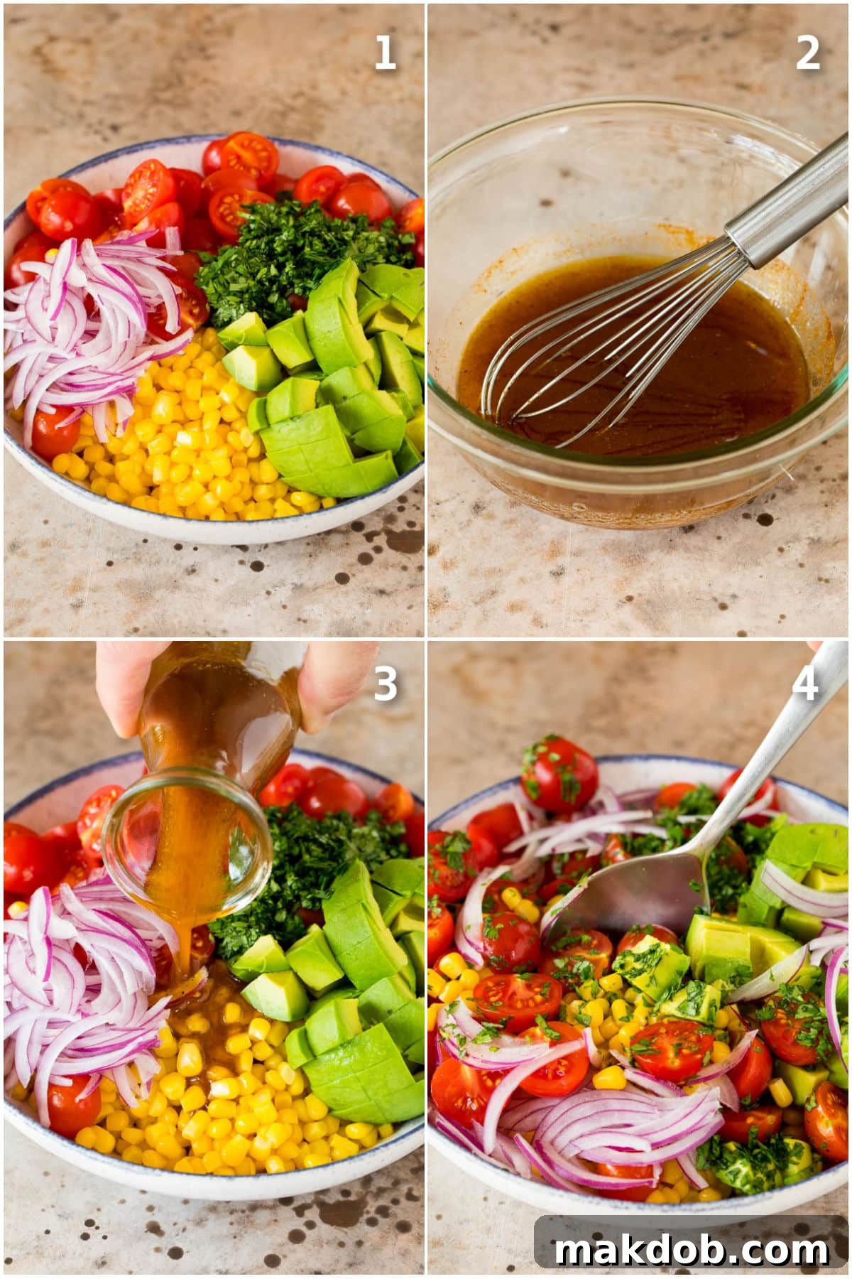 Step by step shots showing how to assemble a salad and make salad dressing.