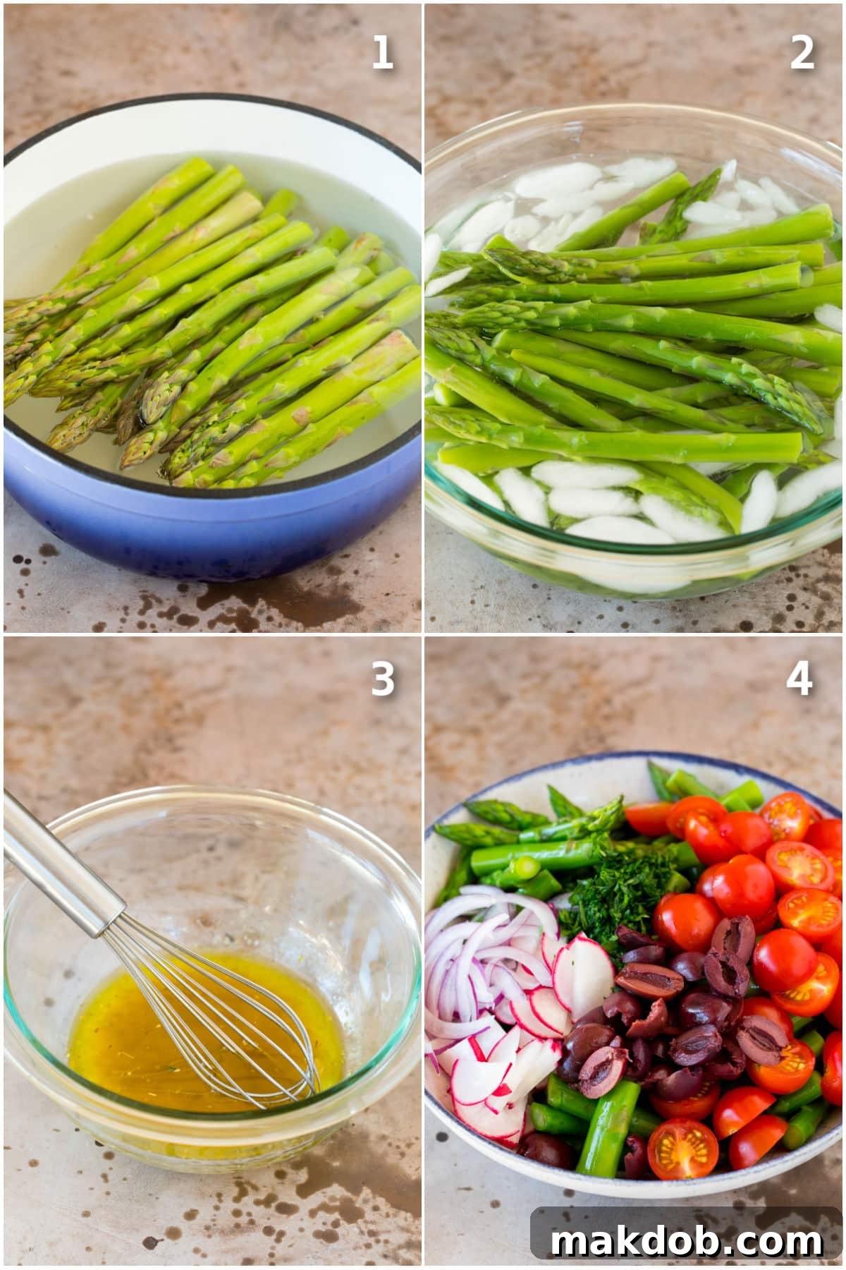 Spring Asparagus Salad 5 A visual guide showing the progression from cooking asparagus to assembling the final salad.