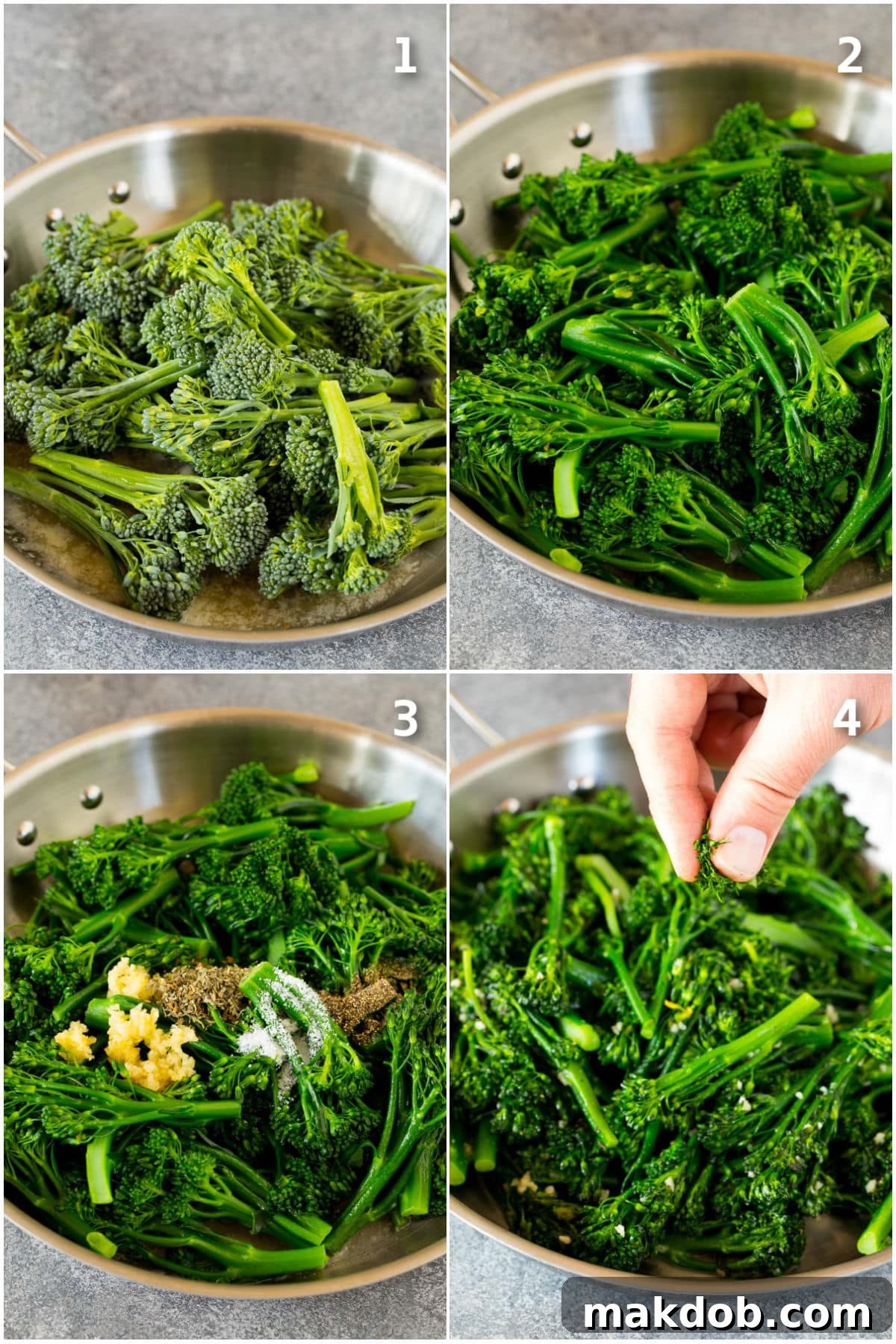 Flavorful Pan-Seared Broccolini 4 Step-by-step process shots showing how to saute broccolini, from raw to perfectly cooked.