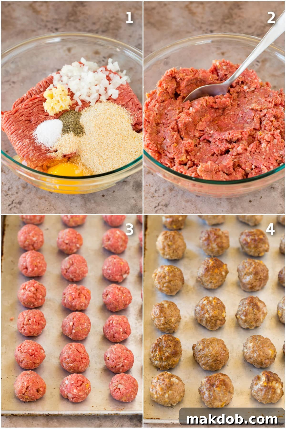 Sticky Grape Glazed Meatballs 4 Step-by-step photos showing mixing meatball ingredients, forming balls, and browning them on a sheet pan.