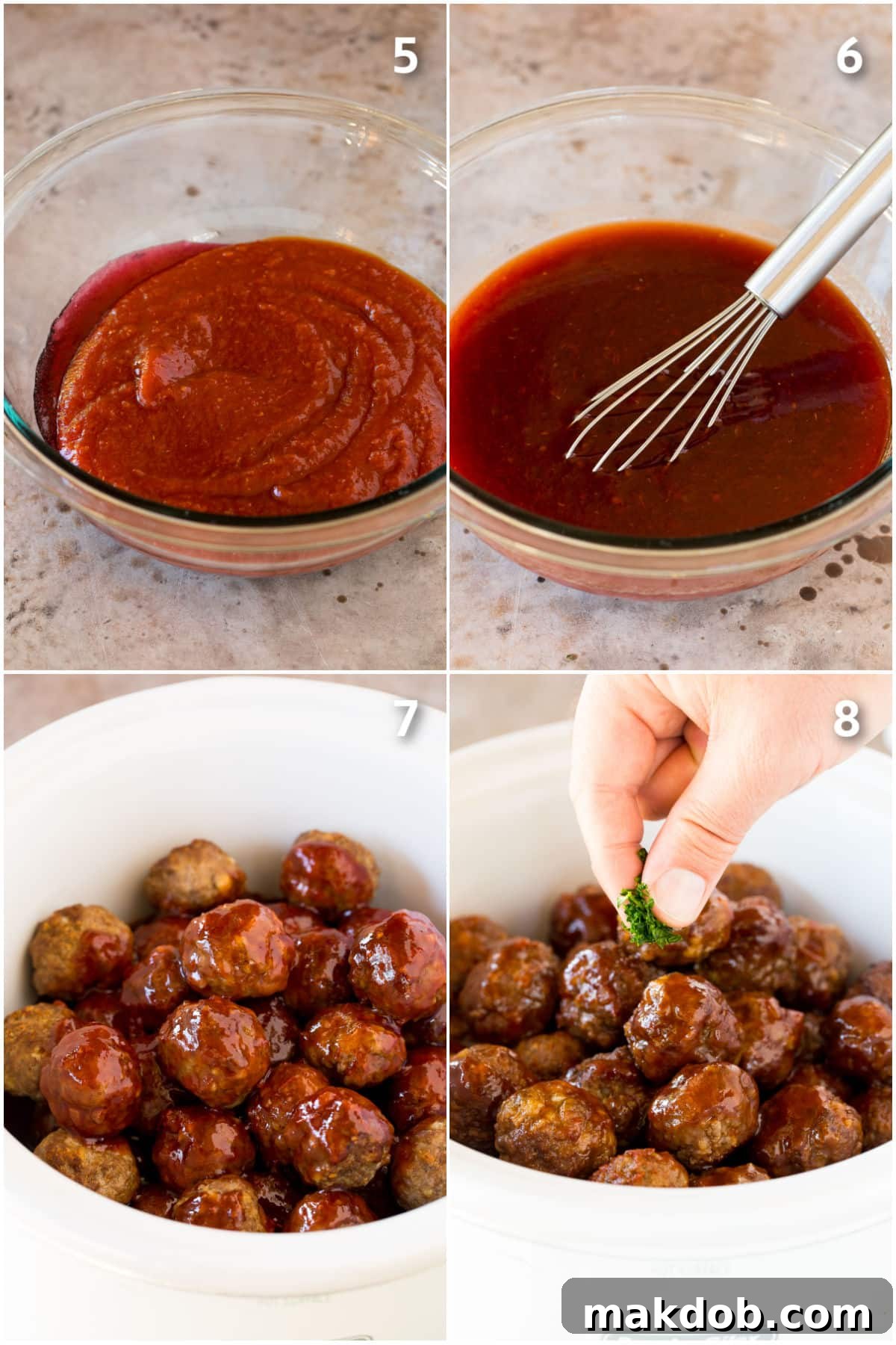 Sticky Grape Glazed Meatballs 5 Process shots showing the grape jelly and chili sauce being mixed, then poured over the meatballs in a slow cooker.