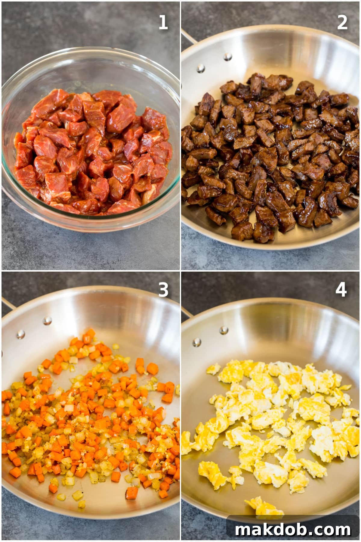 A collage of process shots illustrating the steps: marinating steak, cooking vegetables until soft, and scrambling eggs in a hot pan.