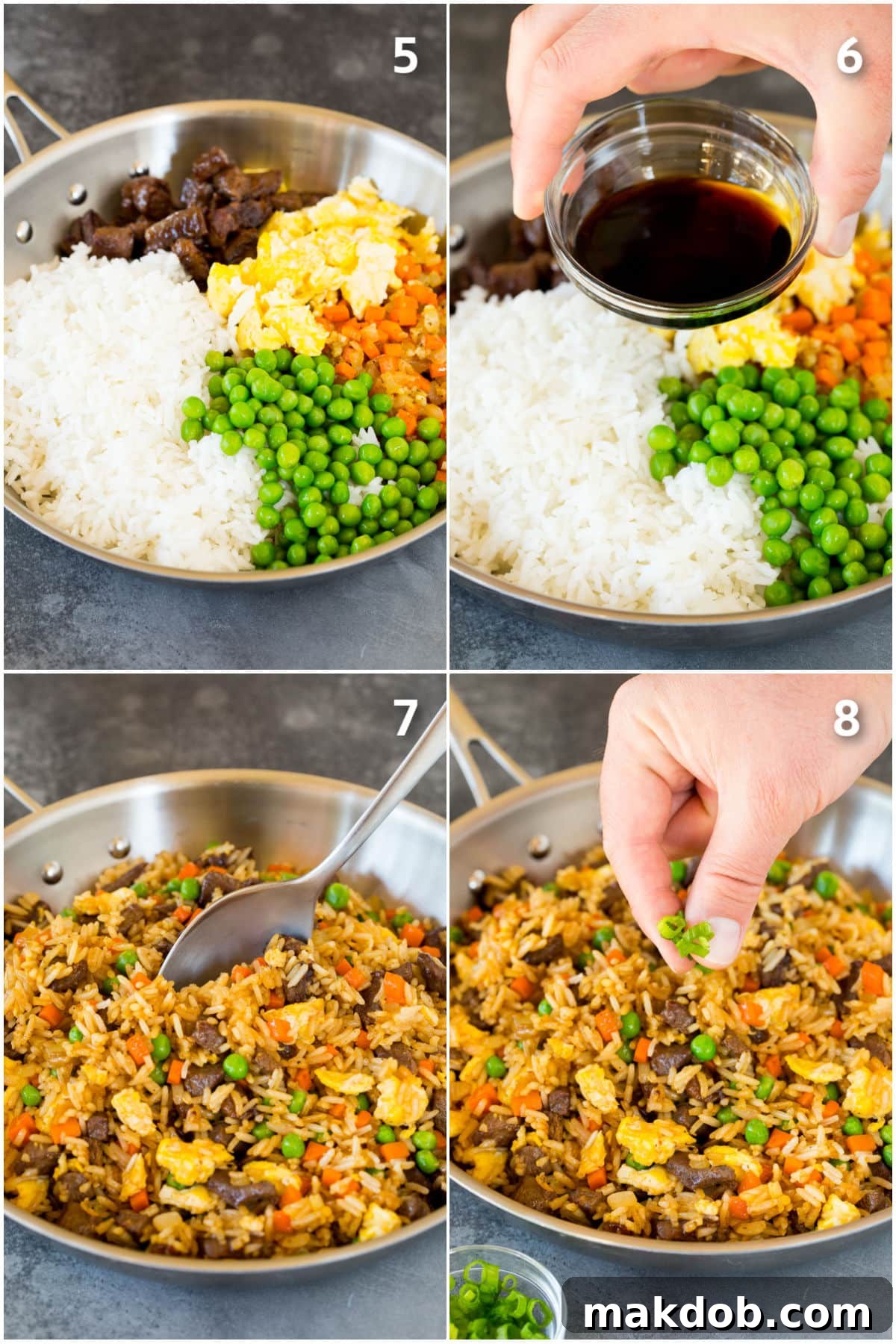 A series of process shots showing cooked rice, vegetables, and sauce being added to a pan and gently mixed together.