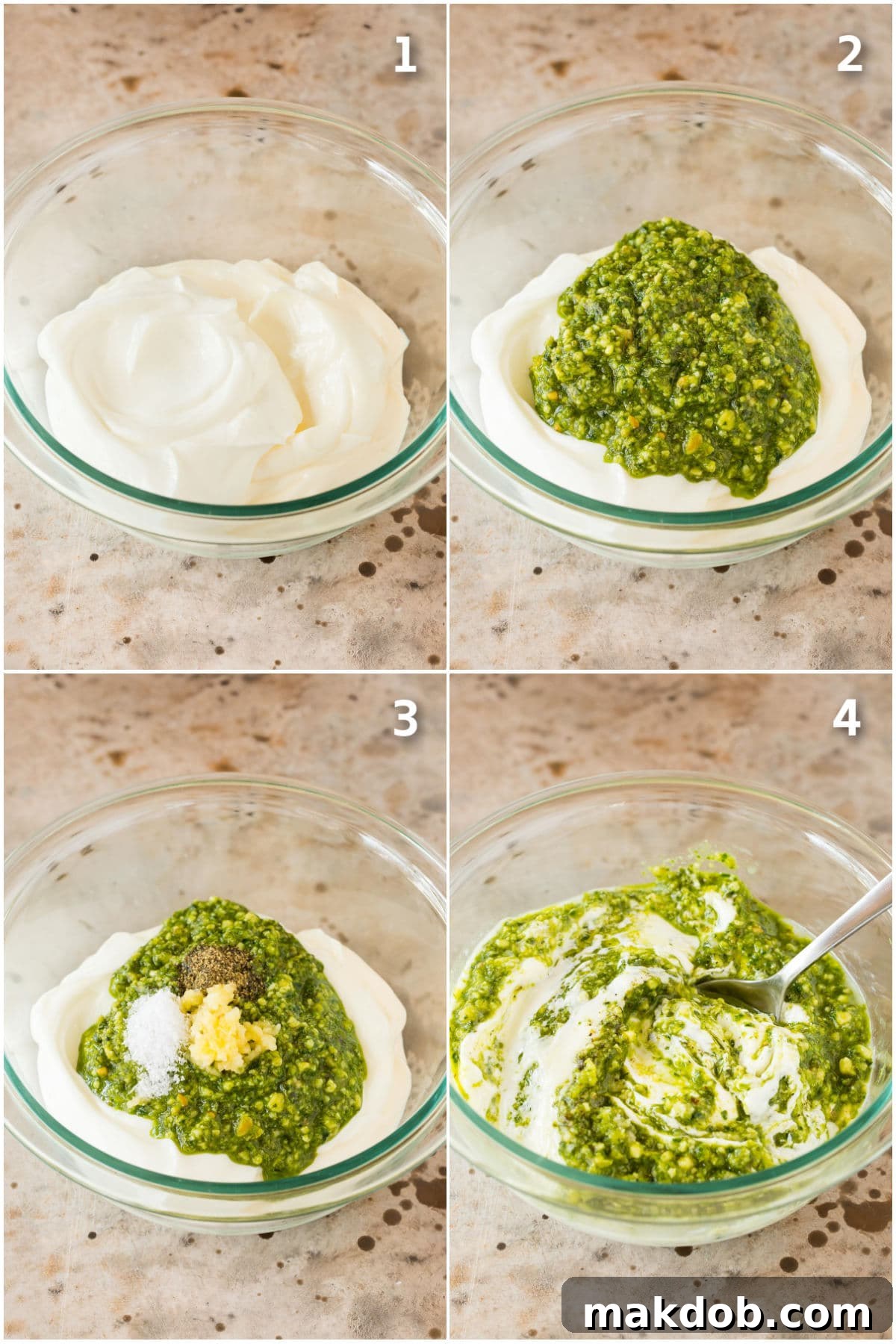 Step-by-step photos illustrating the creation of creamy pesto dip: starting with combining mayonnaise and sour cream, then adding basil pesto and seasonings, and finally stirring everything together to achieve a smooth, homogenous dip.
