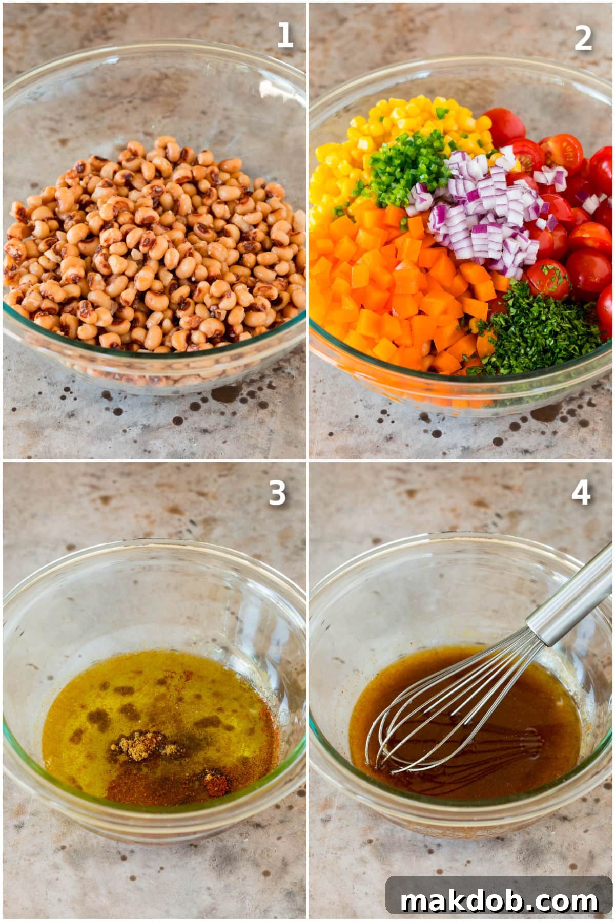 Zesty Black Eyed Pea Salad 4 A collage of step-by-step photos demonstrating the process of making black eyed pea salad, from chopping ingredients to mixing and serving.
