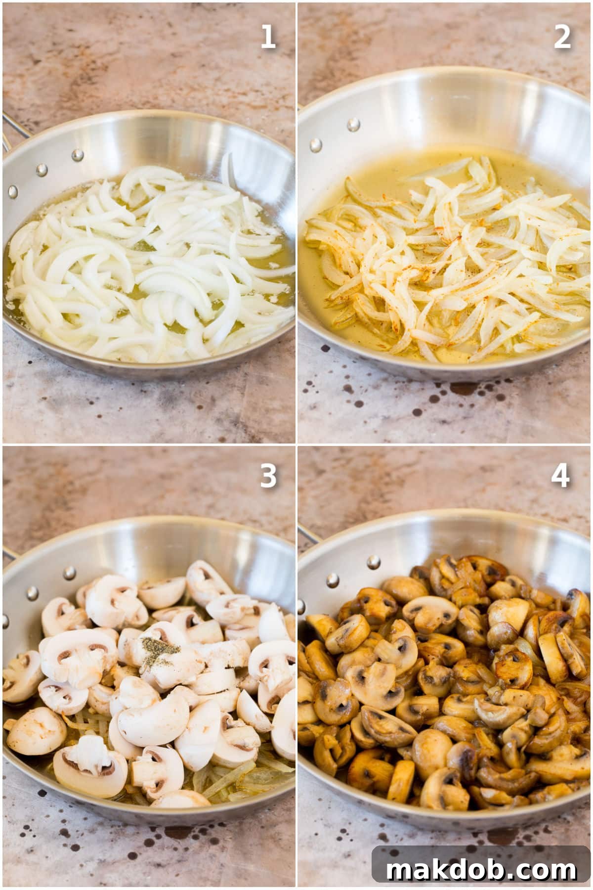Golden Sauteed Mushrooms and Onions 4 A collage showing the step-by-step process of cooking onions until soft, then adding mushrooms and cooking until browned and tender.
