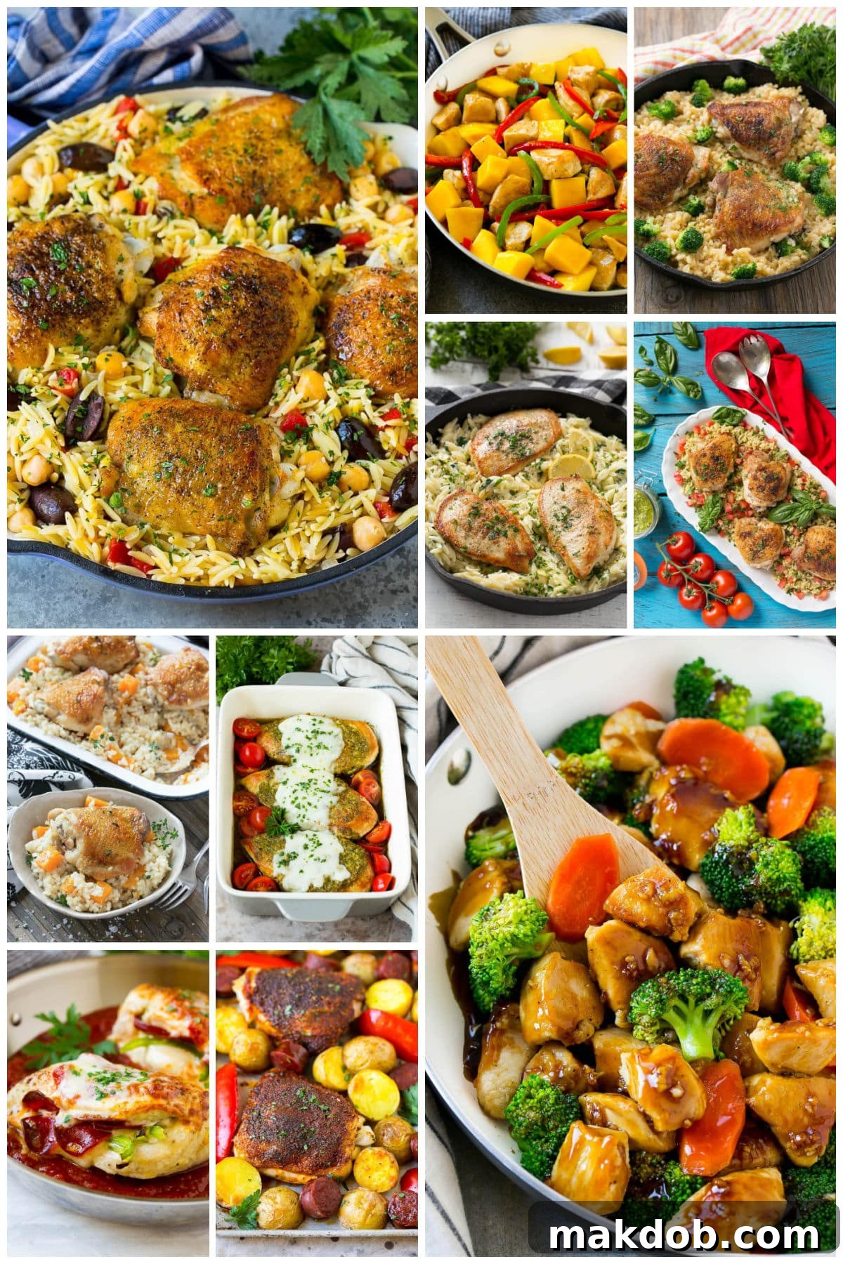 A collage of diverse one-pot chicken recipes, including tropical mango chicken, savory honey garlic chicken stir-fry, and fun pizza-stuffed chicken.