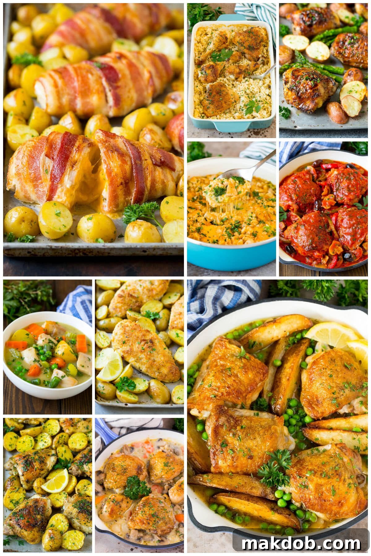 A visual compilation of diverse one-pot chicken dishes, featuring hearty chicken stew, savory bacon-wrapped stuffed chicken breast, and flavorful balsamic chicken with roasted vegetables.