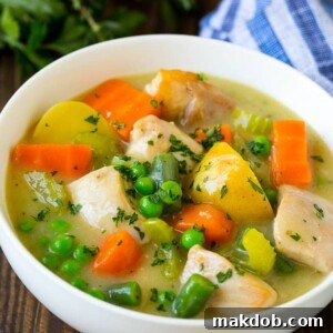 20 Easy One-Pot Chicken Dinners 9 A comforting bowl of hearty chicken stew, brimming with tender chicken, potatoes, celery, green beans, and peas in a thick, rich broth.