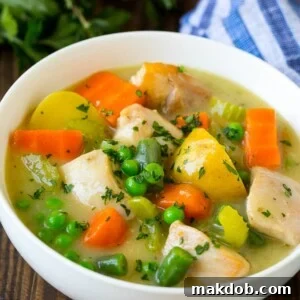 A comforting bowl of chicken stew brimming with tender chicken, crisp celery, potatoes, green beans, and sweet peas.