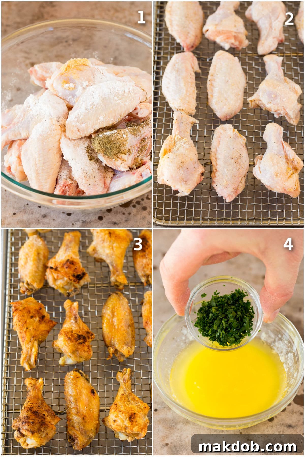 A collage of step-by-step process shots showing how to season chicken wings, arrange them on a rack, and make a garlic butter sauce.